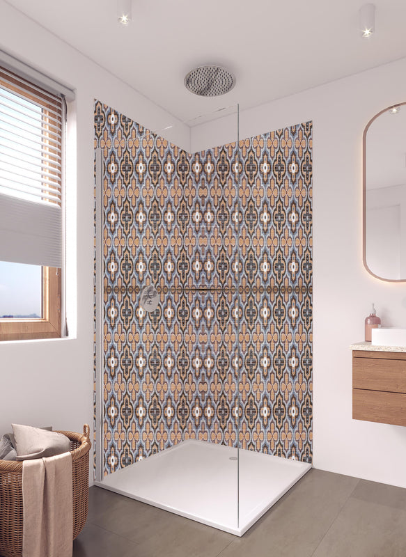 Duschrückwand - Elegantes Braun-Beiges Retro-Fliesenmuster in hellem Badezimmer mit Regenduschkopf  - zweiteilige Eck-Duschrückwand