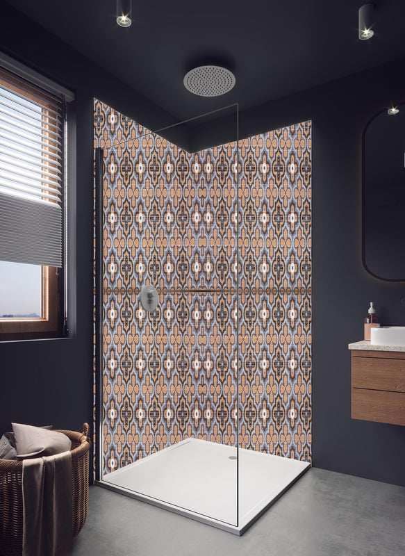 Duschrückwand - Elegantes Braun-Beiges Retro-Fliesenmuster in hellem Badezimmer mit Regenduschkopf  - zweiteilige Eck-Duschrückwand