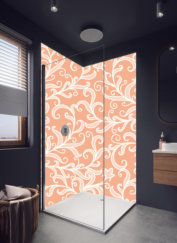 Duschrückwand - Elegantes Floral Ornament Muster in Apricot in hellem Badezimmer mit Regenduschkopf  - zweiteilige Eck-Duschrückwand