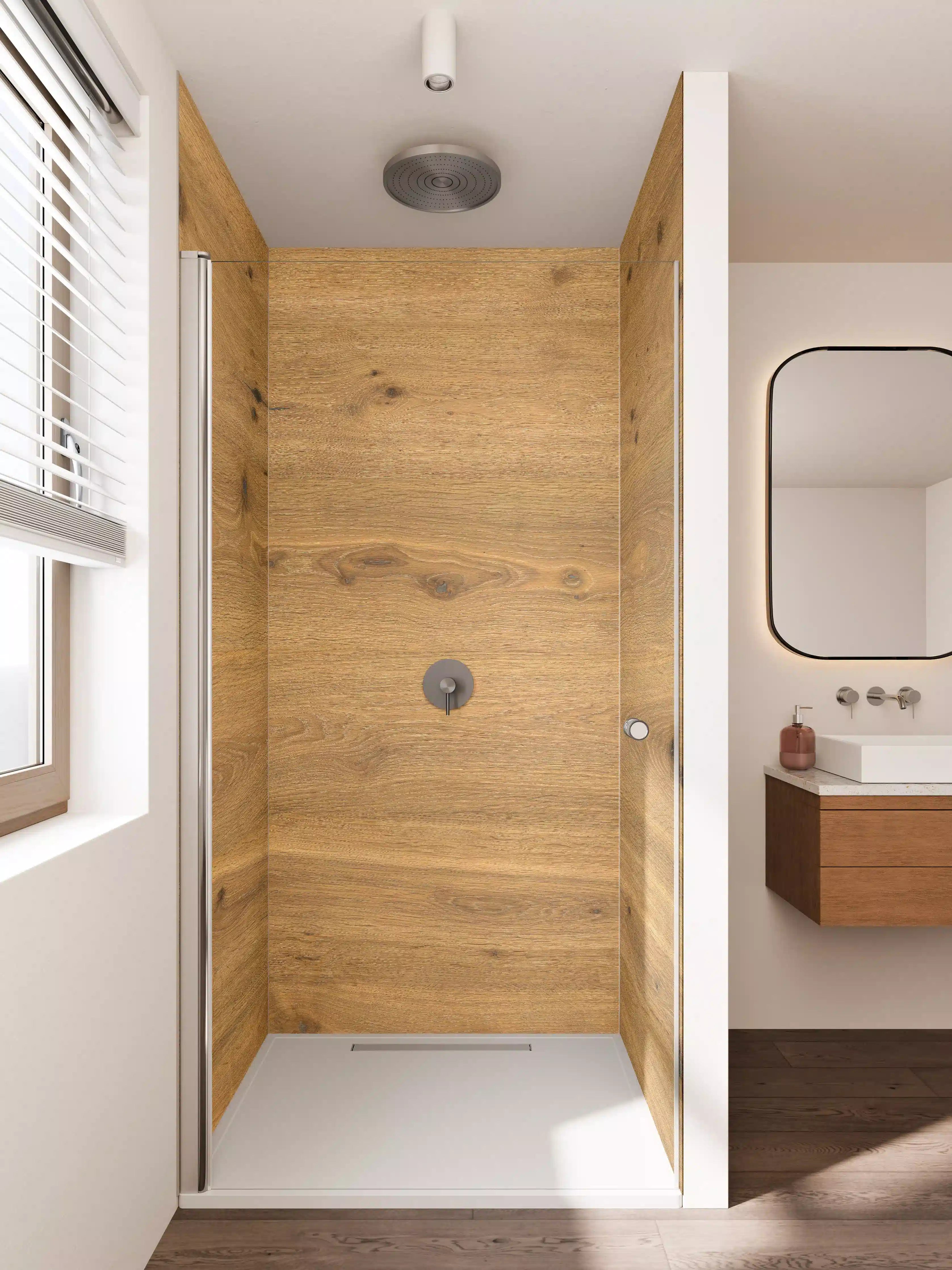 Duschrückwand - Elegantes Holzdesign in warmen Tönen