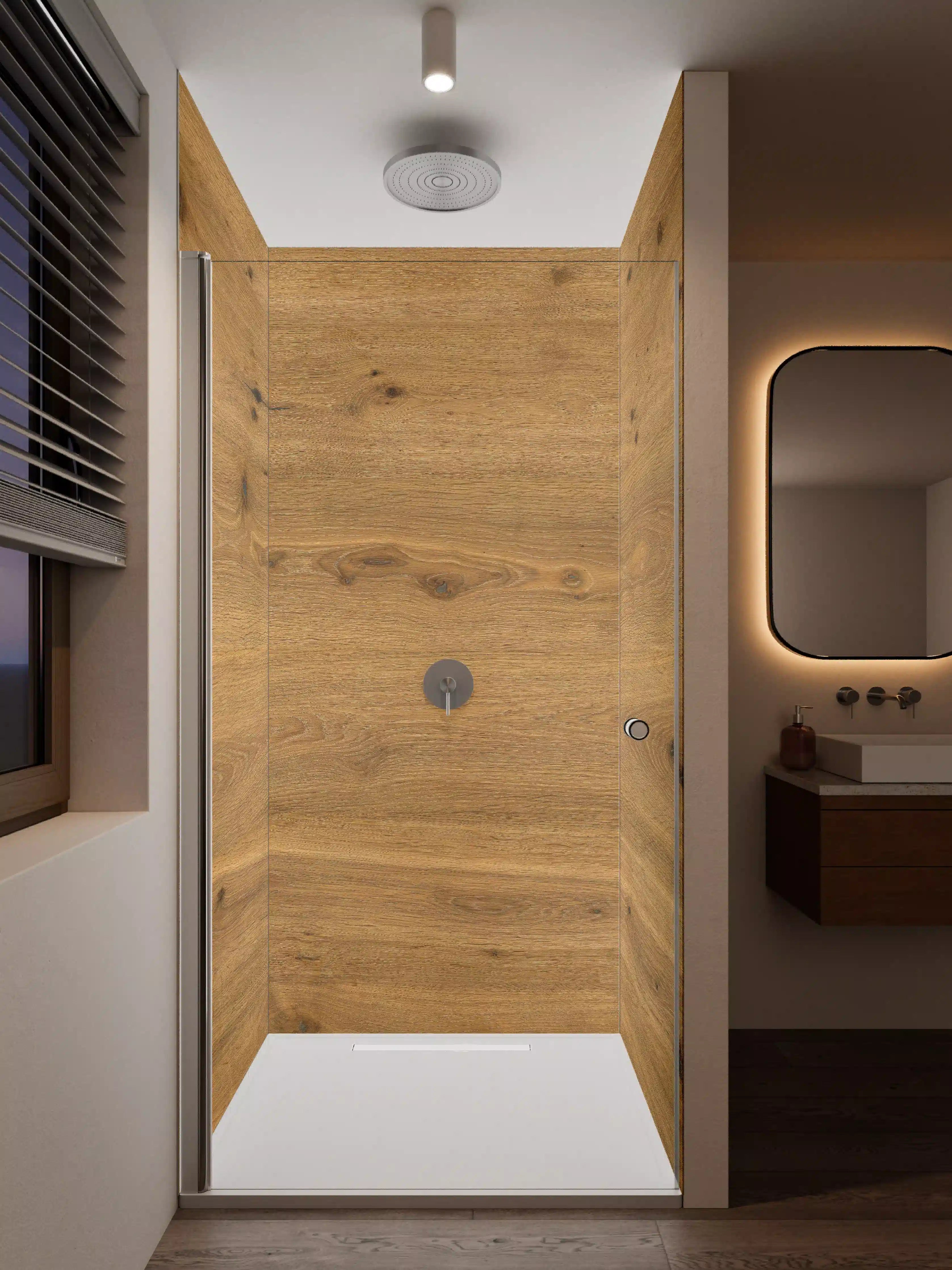 Duschrückwand - Elegantes Holzdesign in warmen Tönen