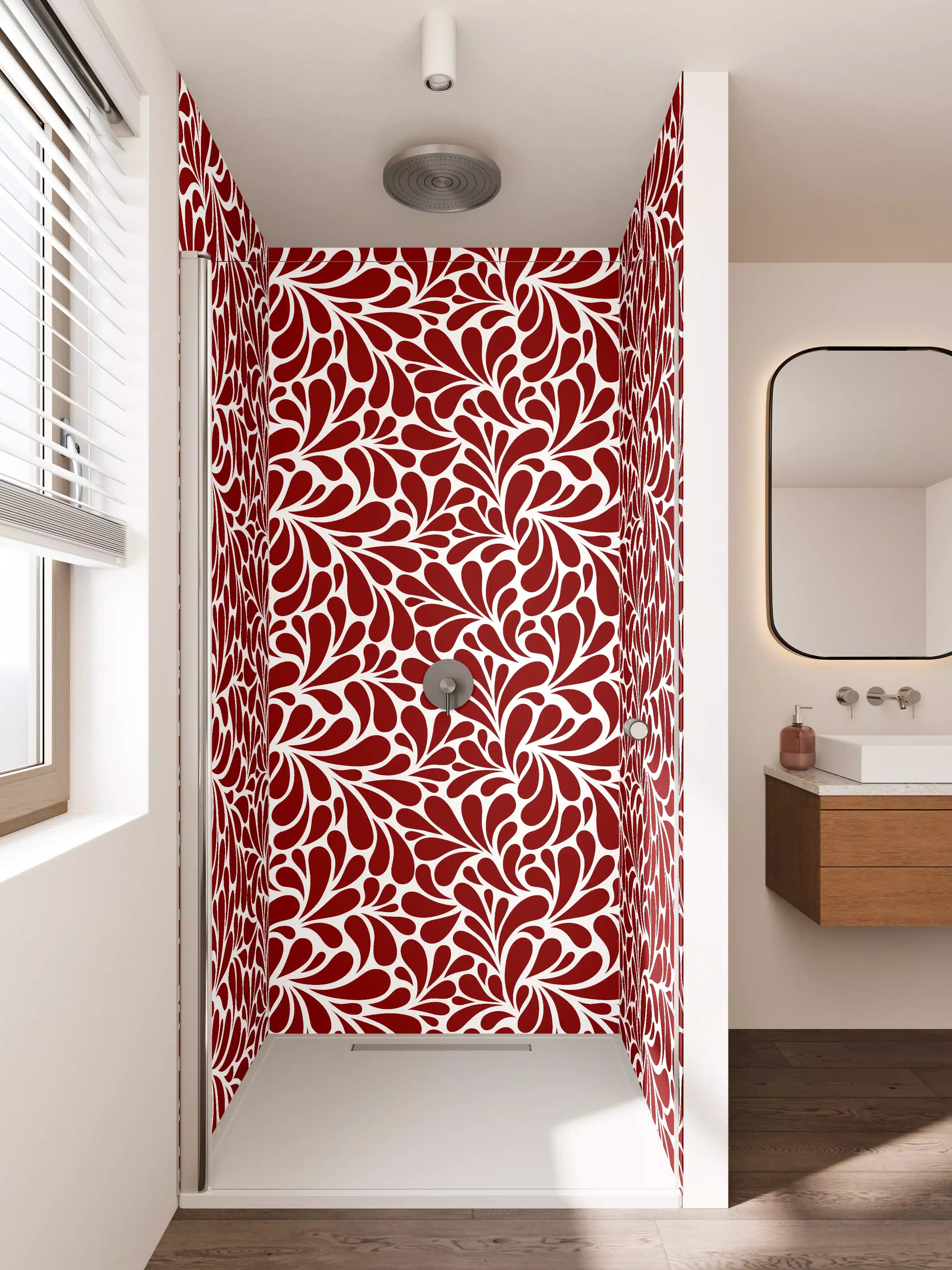 Duschrückwand - Elegantes Rot-Weiß-Blumenmuster