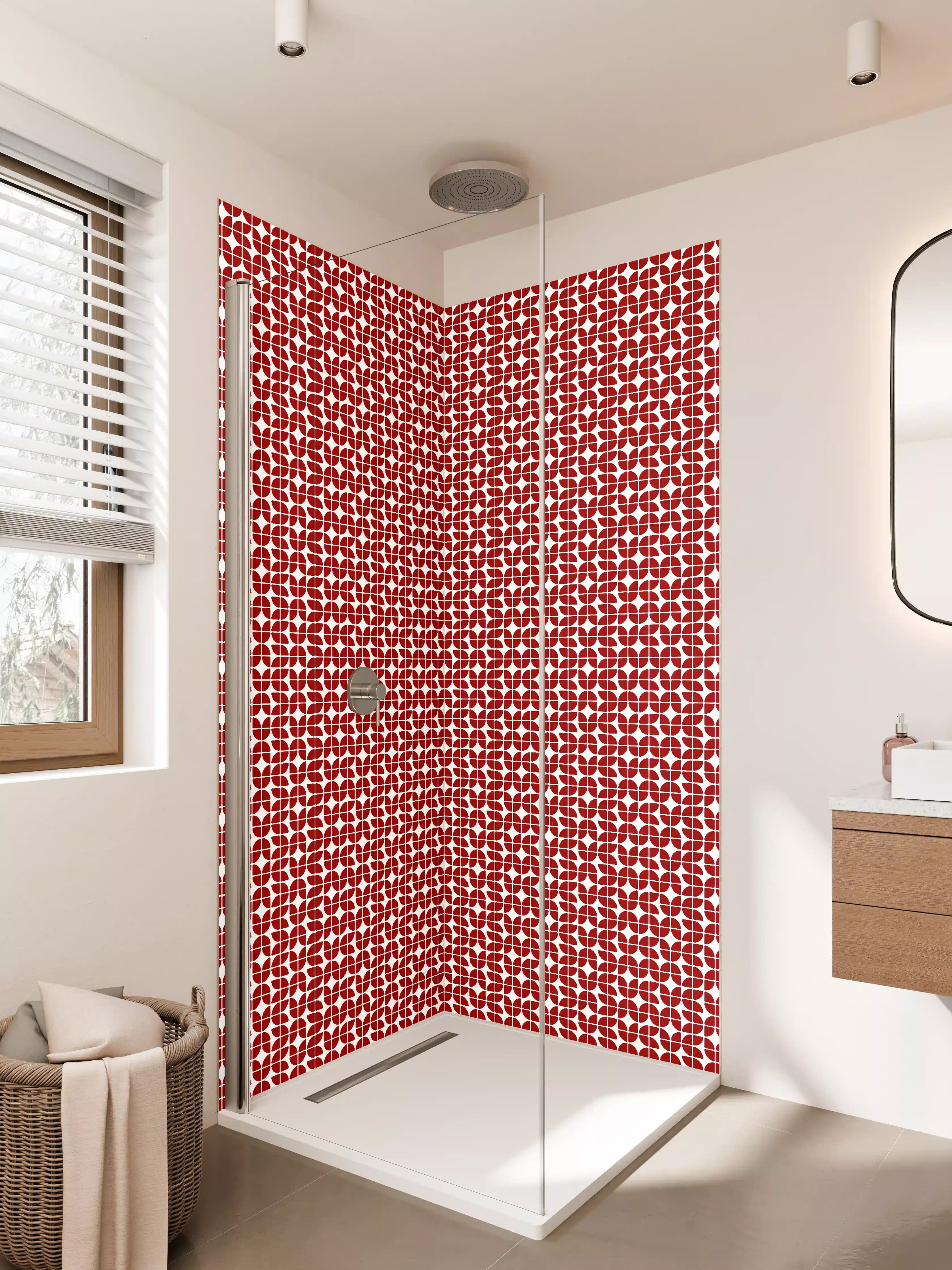 Duschrückwand - Elegantes Rot-Weiß-Muster mit geometrischen Formen