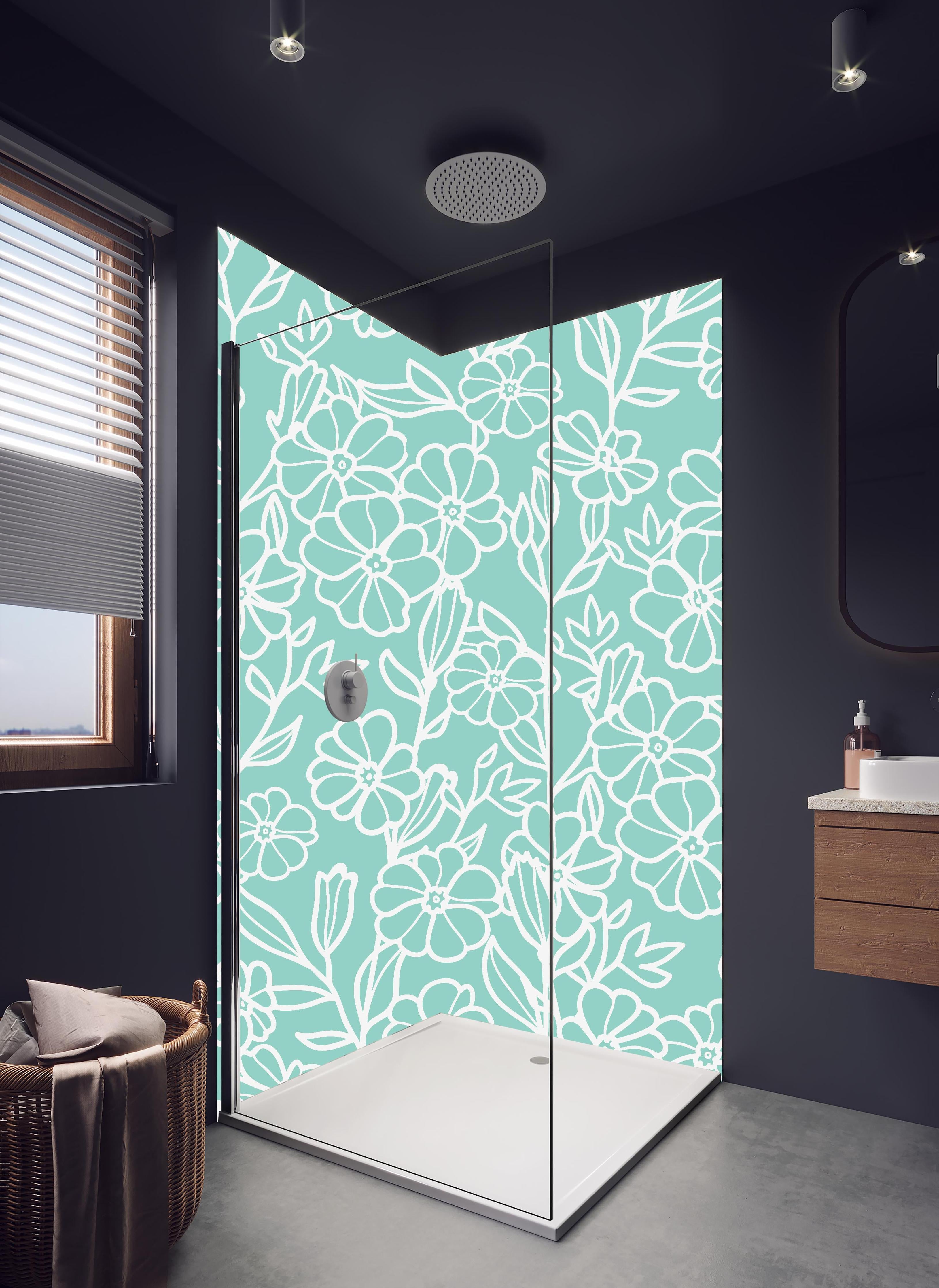 Duschrückwand - Elegantes Türkis-Weiß Blumen Design in hellem Badezimmer mit Regenduschkopf  - zweiteilige Eck-Duschrückwand