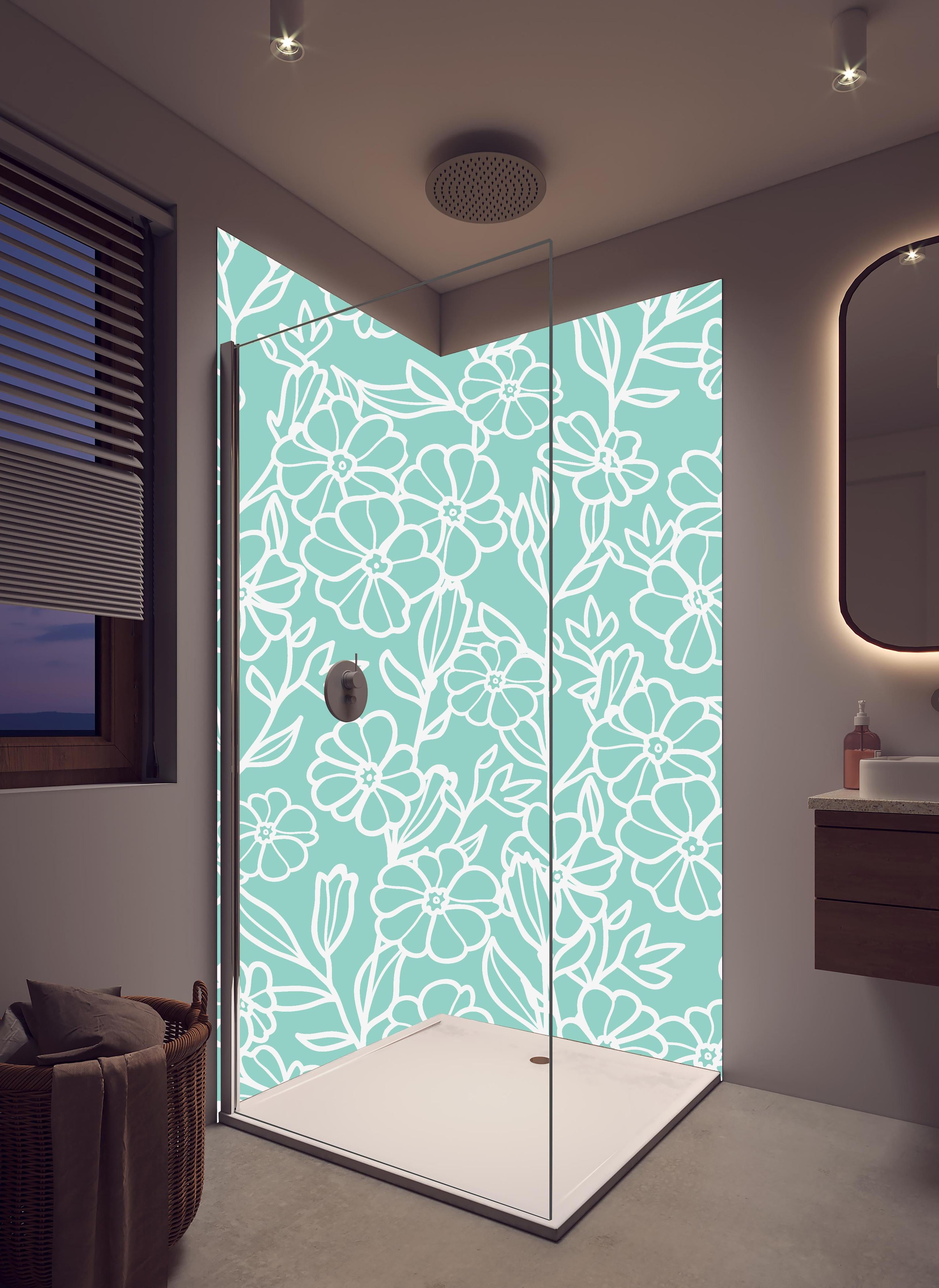 Duschrückwand - Elegantes Türkis-Weiß Blumen Design in hellem Badezimmer mit Regenduschkopf  - zweiteilige Eck-Duschrückwand