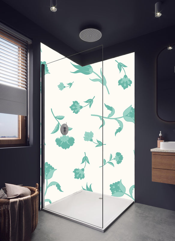 Duschrückwand - Elegantes Türkis-Weißes Blumenmuster in hellem Badezimmer mit Regenduschkopf  - zweiteilige Eck-Duschrückwand