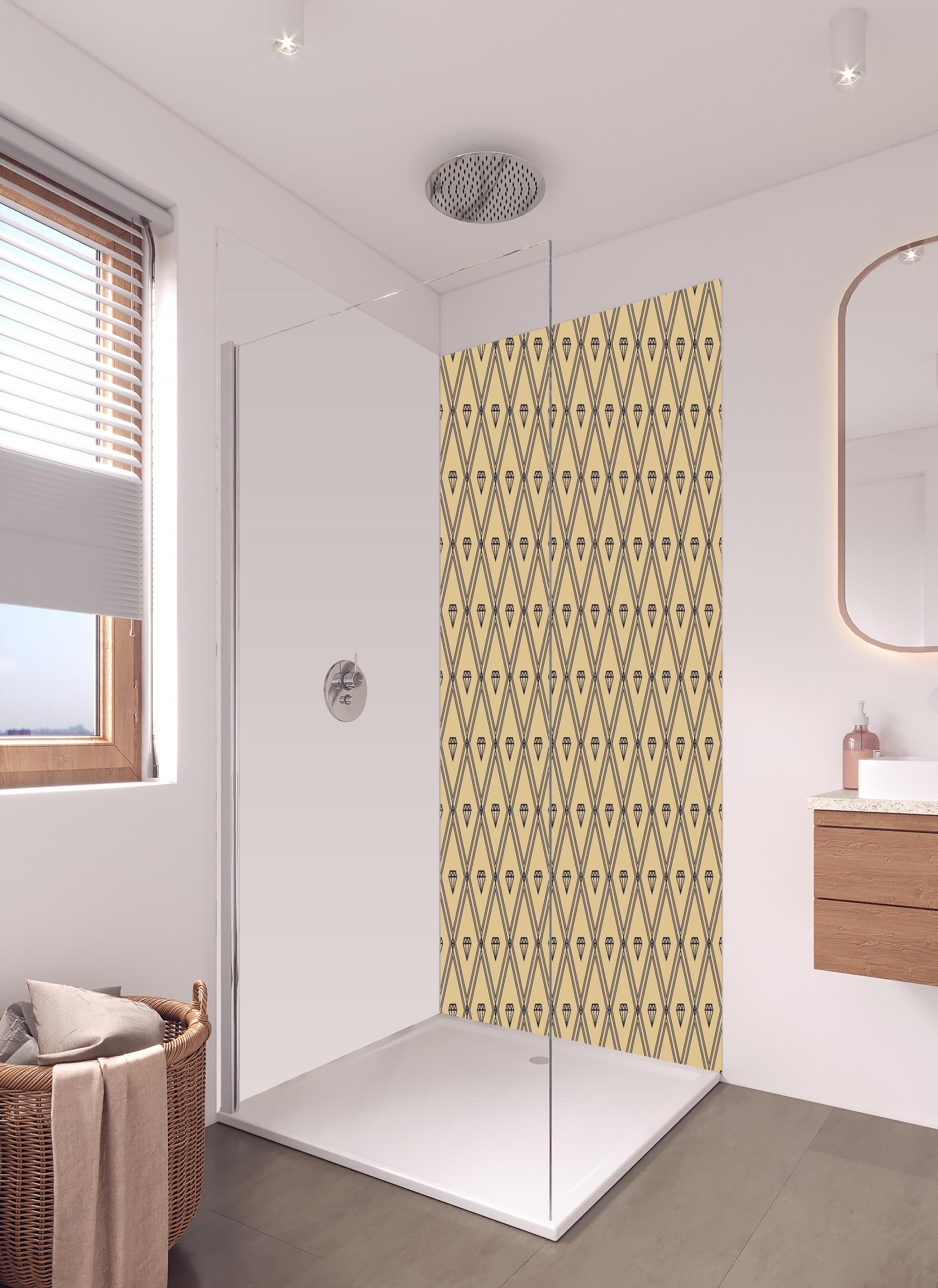 Duschrückwand - Elegantes beige Diamantmuster für Dekor in hellem Badezimmer mit Regenduschkopf  - zweiteilige Eck-Duschrückwand