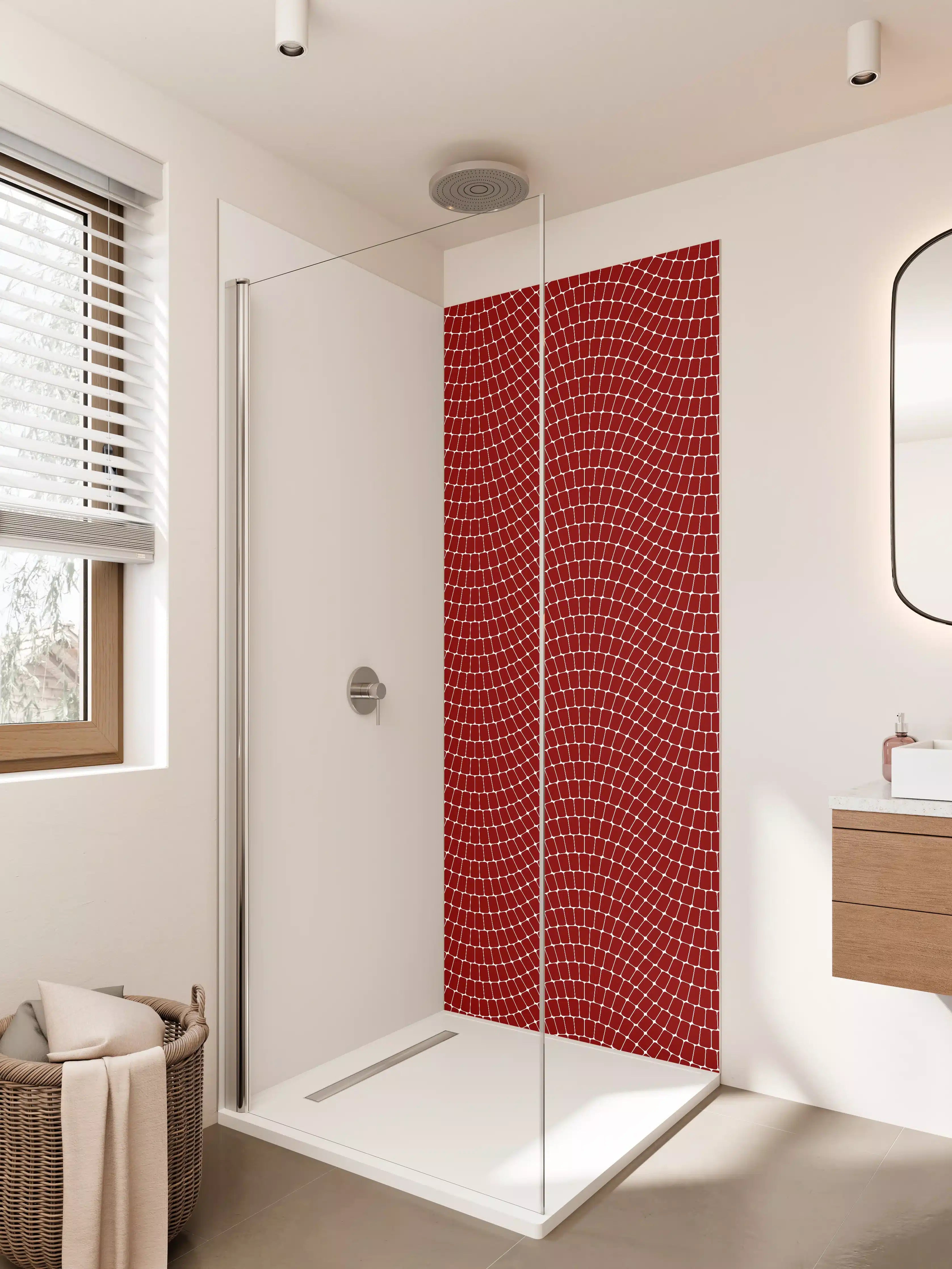 Duschrückwand - Elegantes rotes Wellenmuster mit Exif-Daten