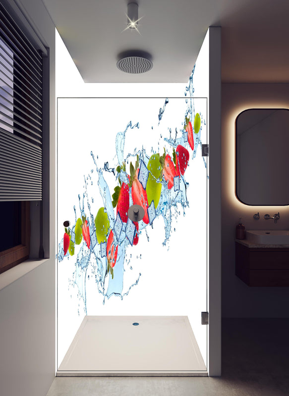 Duschrückwand - Erfrischende Wasserspritzer mit Erdbeere und Limette in hellem Badezimmer mit Regenduschkopf  - zweiteilige Eck-Duschrückwand