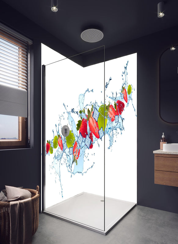 Duschrückwand - Erfrischende Wasserspritzer mit Erdbeere und Limette in hellem Badezimmer mit Regenduschkopf  - zweiteilige Eck-Duschrückwand