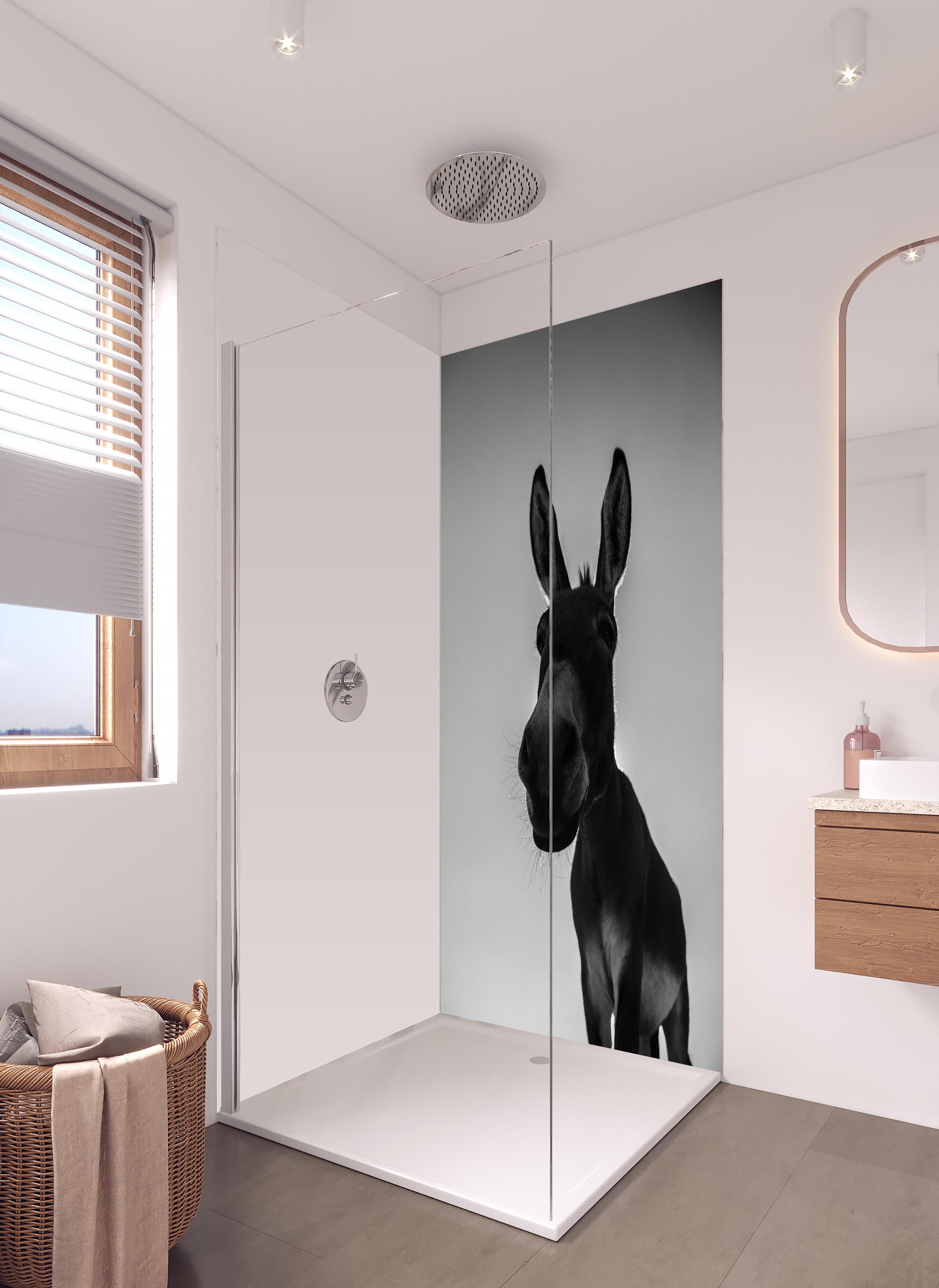 Duschrückwand - Esel - schwarz-weiß in hellem Badezimmer mit Regenduschkopf  - zweiteilige Eck-Duschrückwand