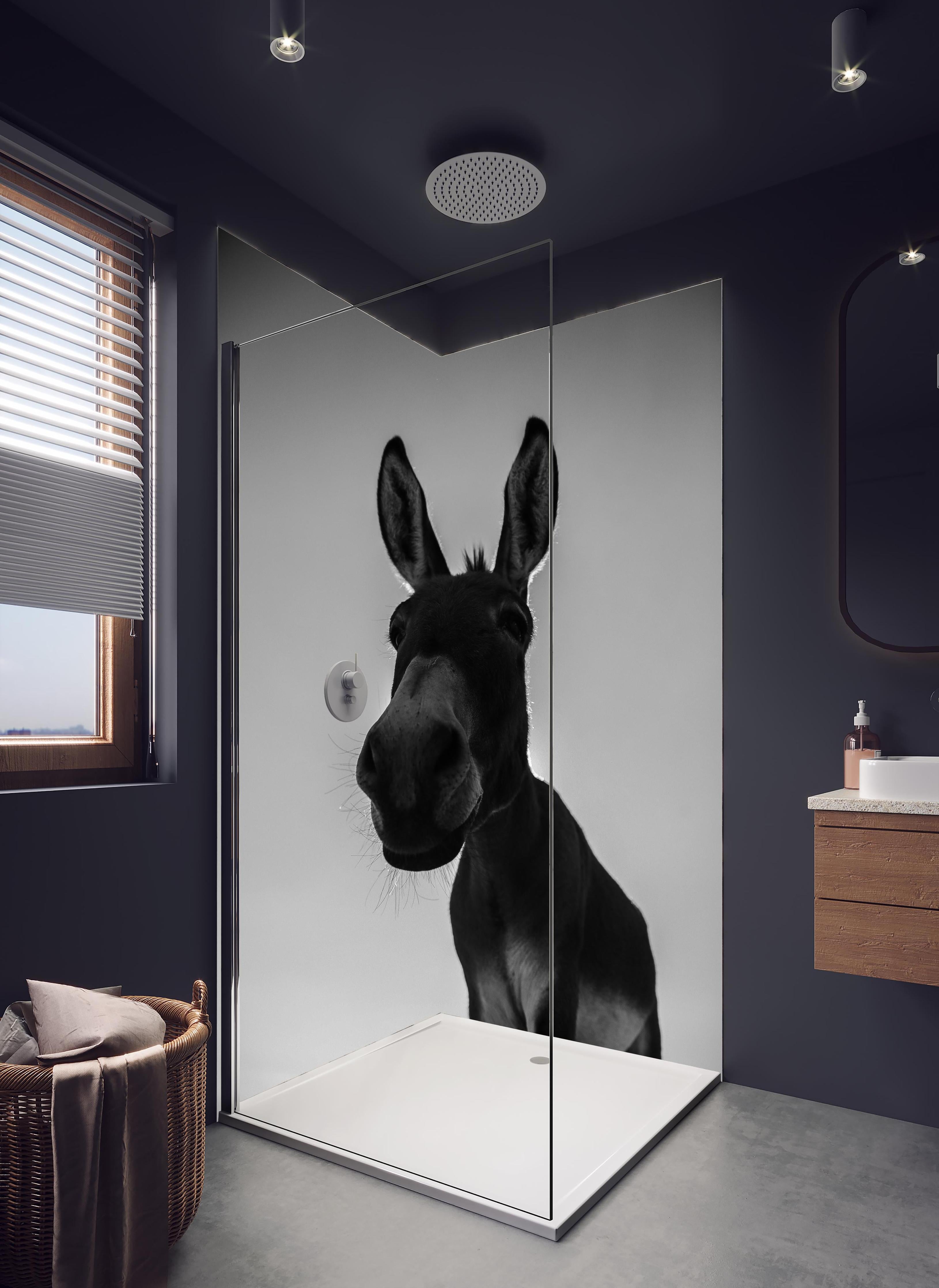 Duschrückwand - Esel - schwarz-weiß in hellem Badezimmer mit Regenduschkopf  - zweiteilige Eck-Duschrückwand
