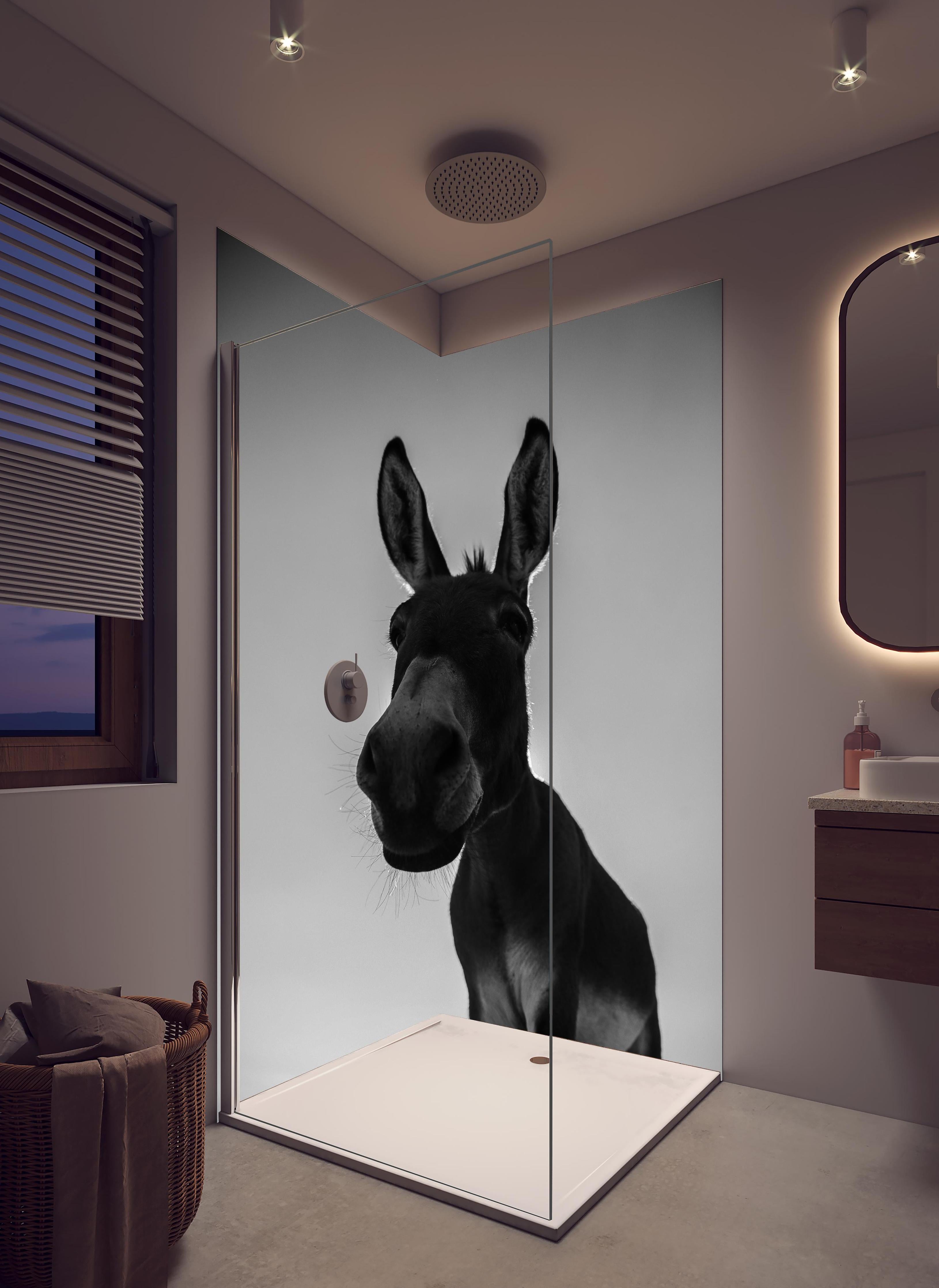 Duschrückwand - Esel - schwarz-weiß in hellem Badezimmer mit Regenduschkopf  - zweiteilige Eck-Duschrückwand