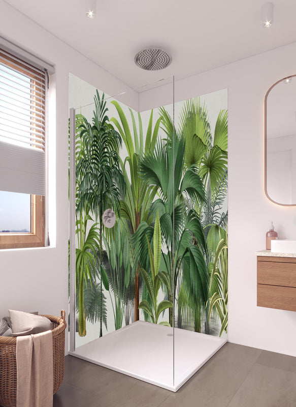 Duschrückwand - Exotische Bäume in hellem Badezimmer mit Regenduschkopf  - zweiteilige Eck-Duschrückwand