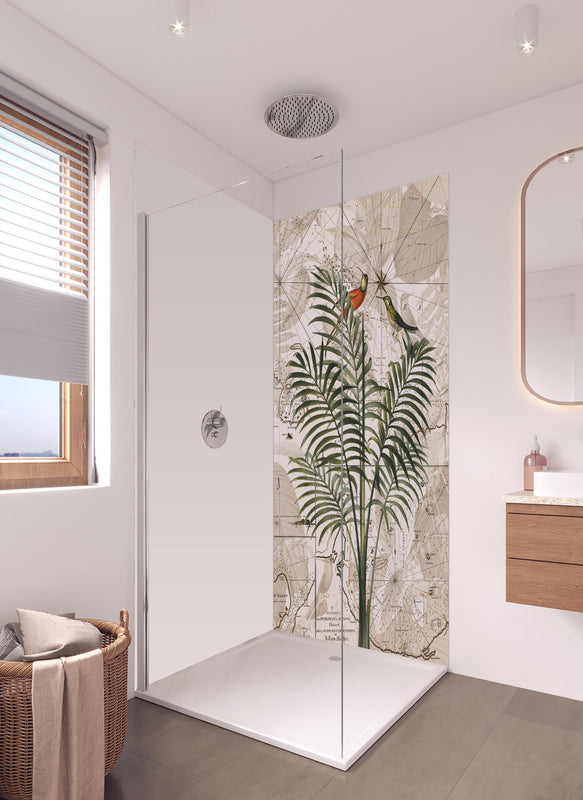 Duschrückwand - Exotische Dschungel Kartenillustration Wandkunst in hellem Badezimmer mit Regenduschkopf  - zweiteilige Eck-Duschrückwand