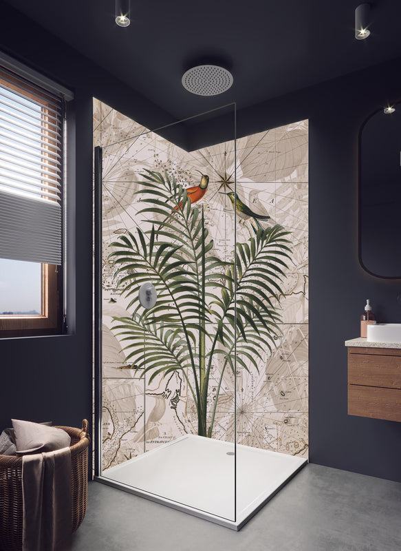 Duschrückwand - Exotische Dschungel Kartenillustration Wandkunst in hellem Badezimmer mit Regenduschkopf  - zweiteilige Eck-Duschrückwand