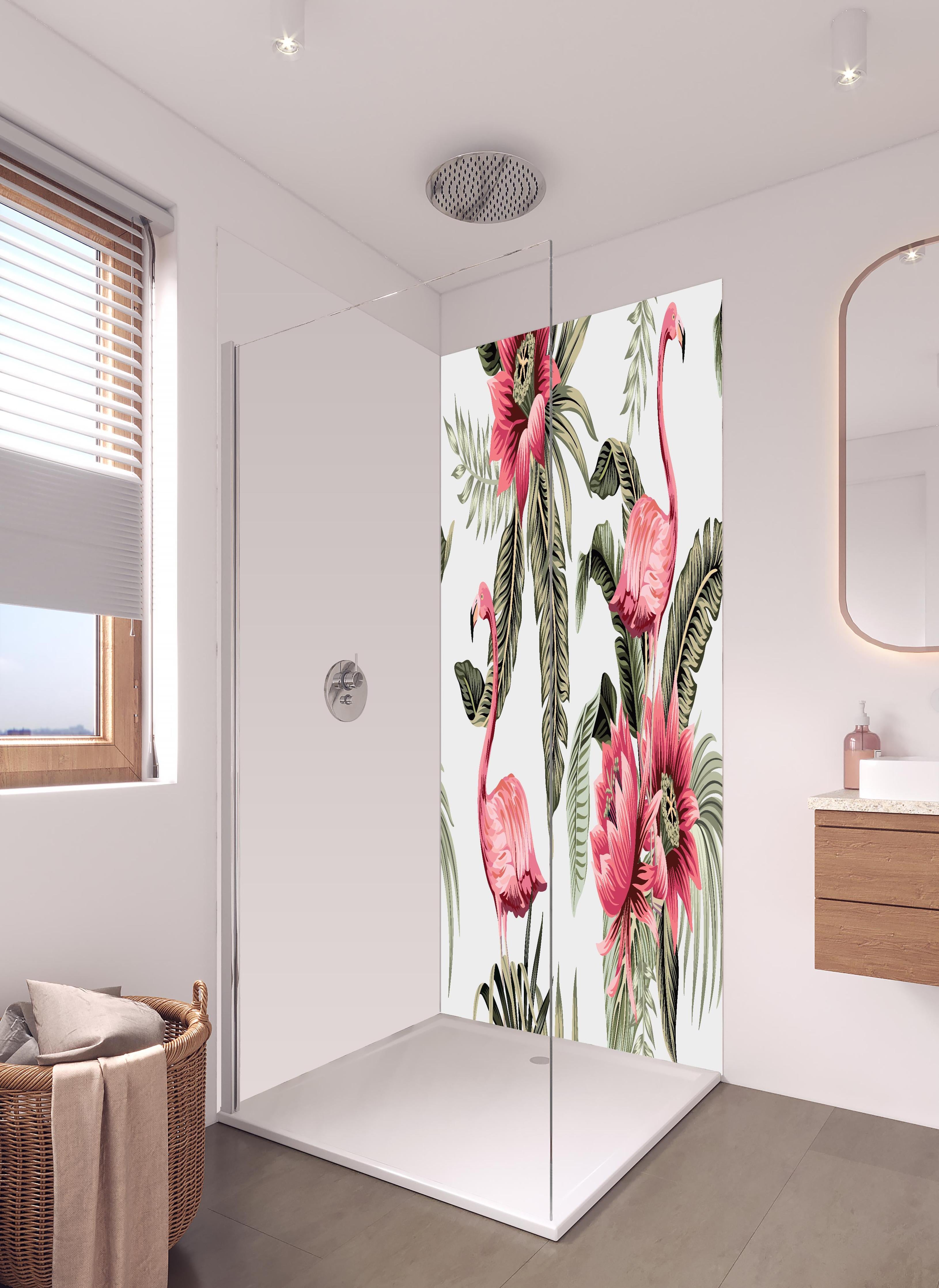 Duschrückwand - Exotischer Flamingo und Blumen Musterdruck in hellem Badezimmer mit Regenduschkopf  - zweiteilige Eck-Duschrückwand