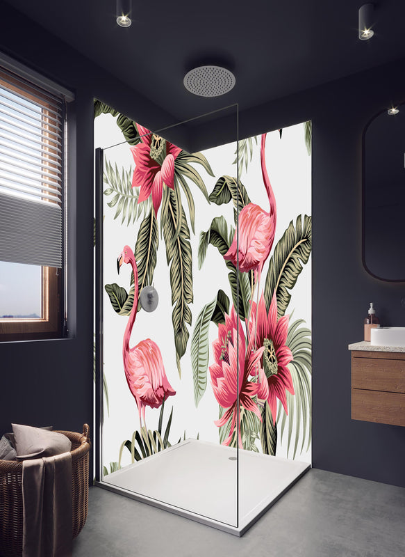 Duschrückwand - Exotischer Flamingo und Blumen Musterdruck in hellem Badezimmer mit Regenduschkopf  - zweiteilige Eck-Duschrückwand