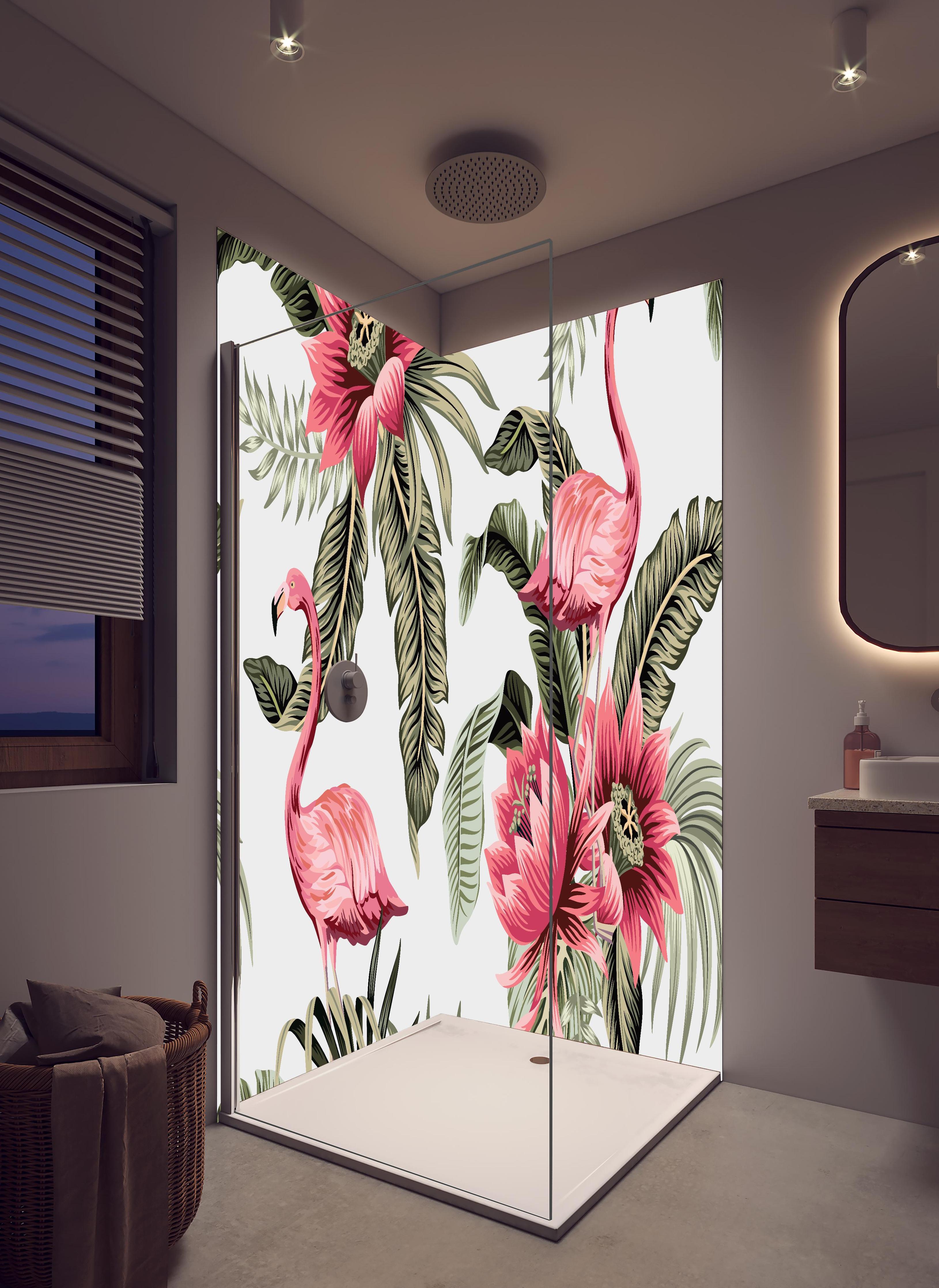 Duschrückwand - Exotischer Flamingo und Blumen Musterdruck in hellem Badezimmer mit Regenduschkopf  - zweiteilige Eck-Duschrückwand