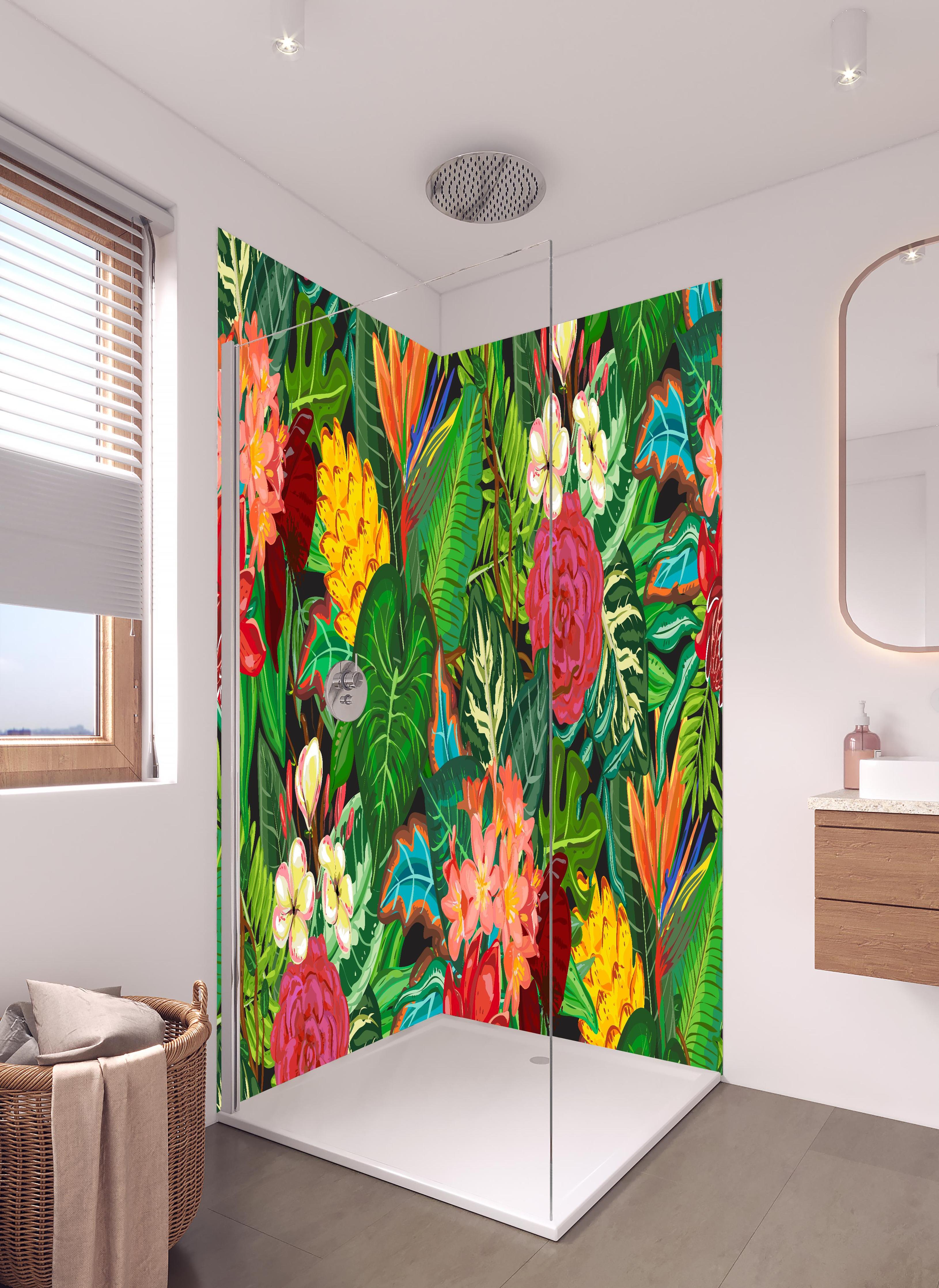 Duschrückwand - Exotisches Blumen-Dschungel-Design Tapete in hellem Badezimmer mit Regenduschkopf  - zweiteilige Eck-Duschrückwand