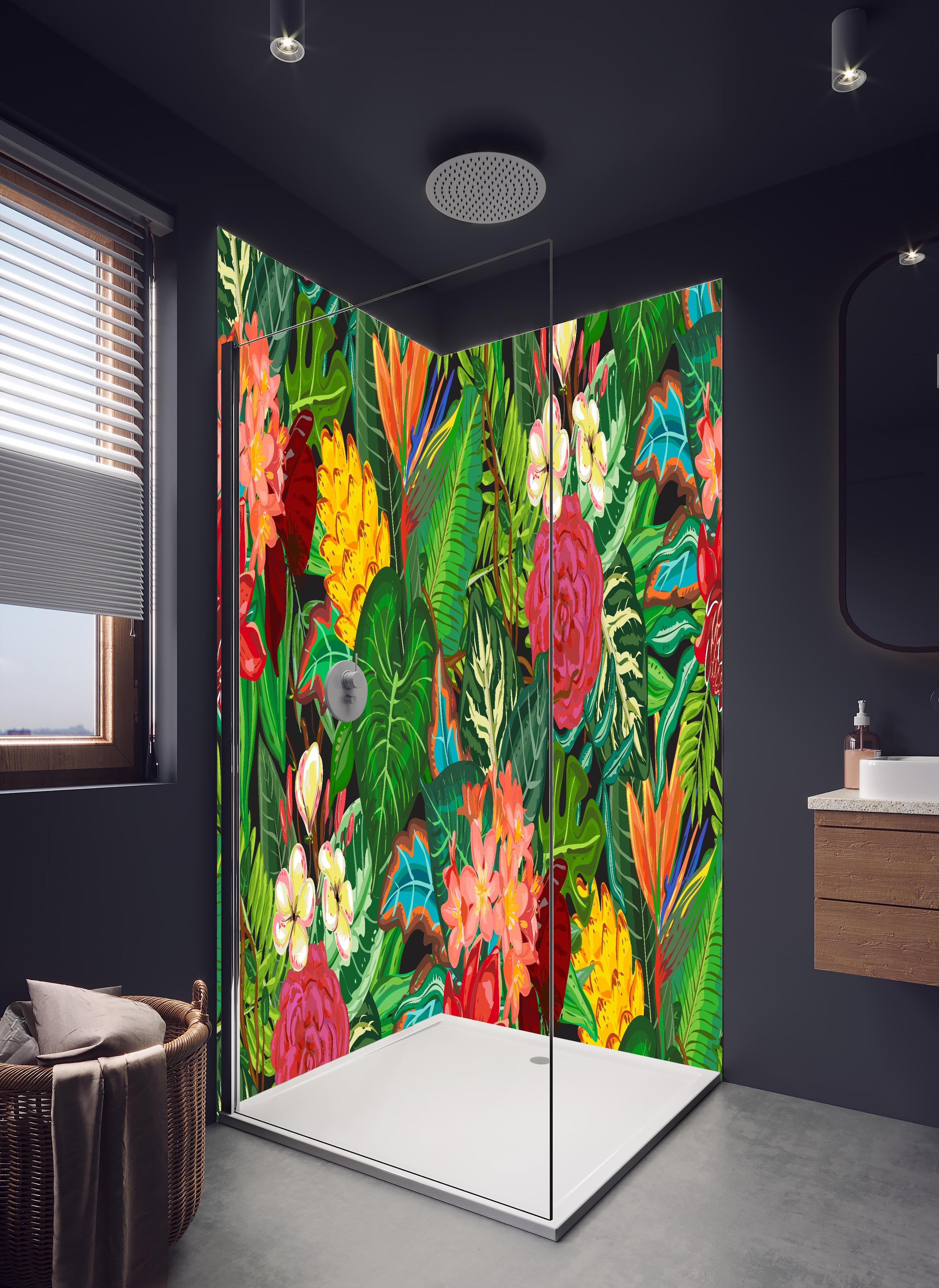 Duschrückwand - Exotisches Blumen-Dschungel-Design Tapete in hellem Badezimmer mit Regenduschkopf  - zweiteilige Eck-Duschrückwand