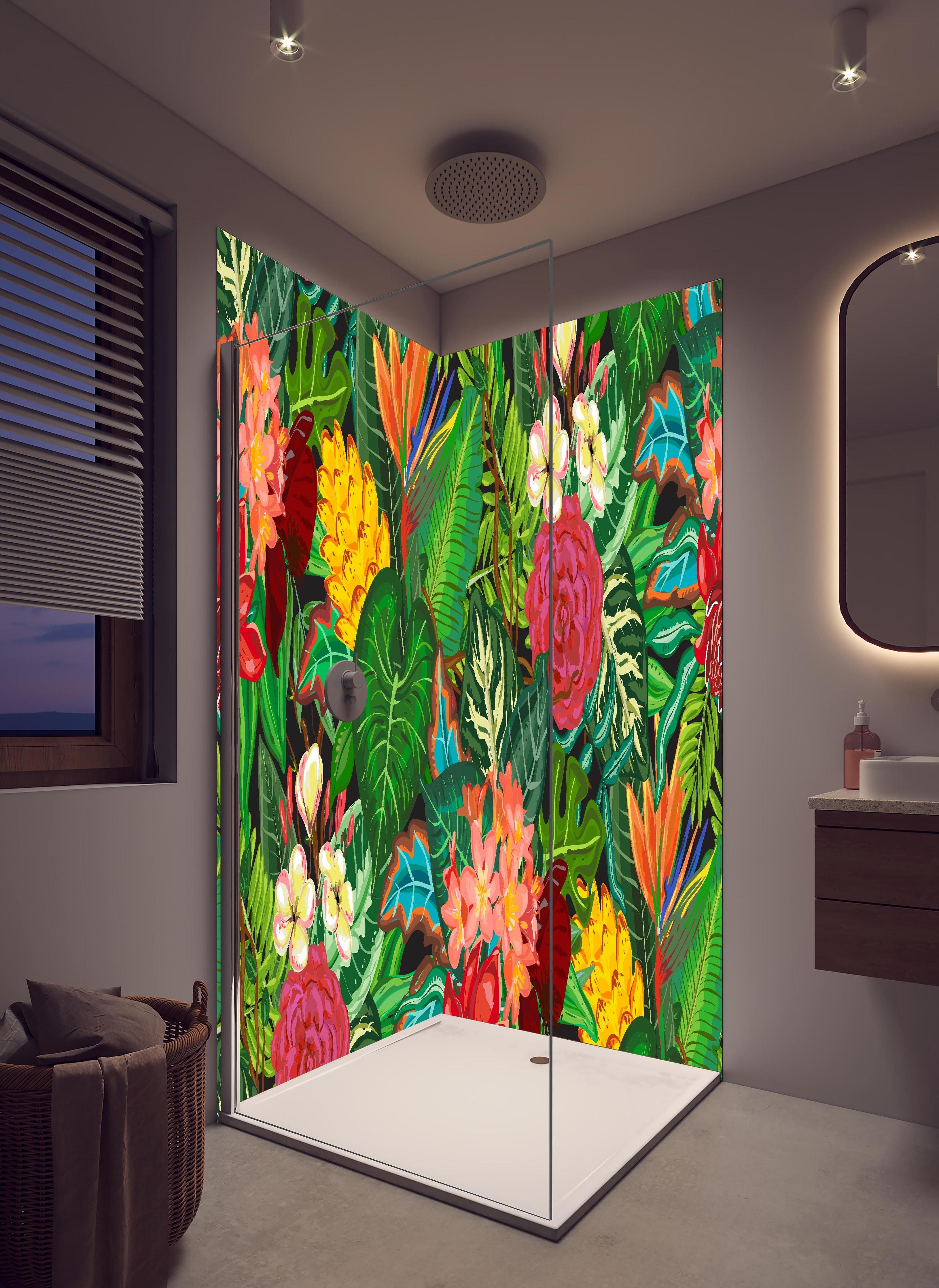 Duschrückwand - Exotisches Blumen-Dschungel-Design Tapete in hellem Badezimmer mit Regenduschkopf  - zweiteilige Eck-Duschrückwand