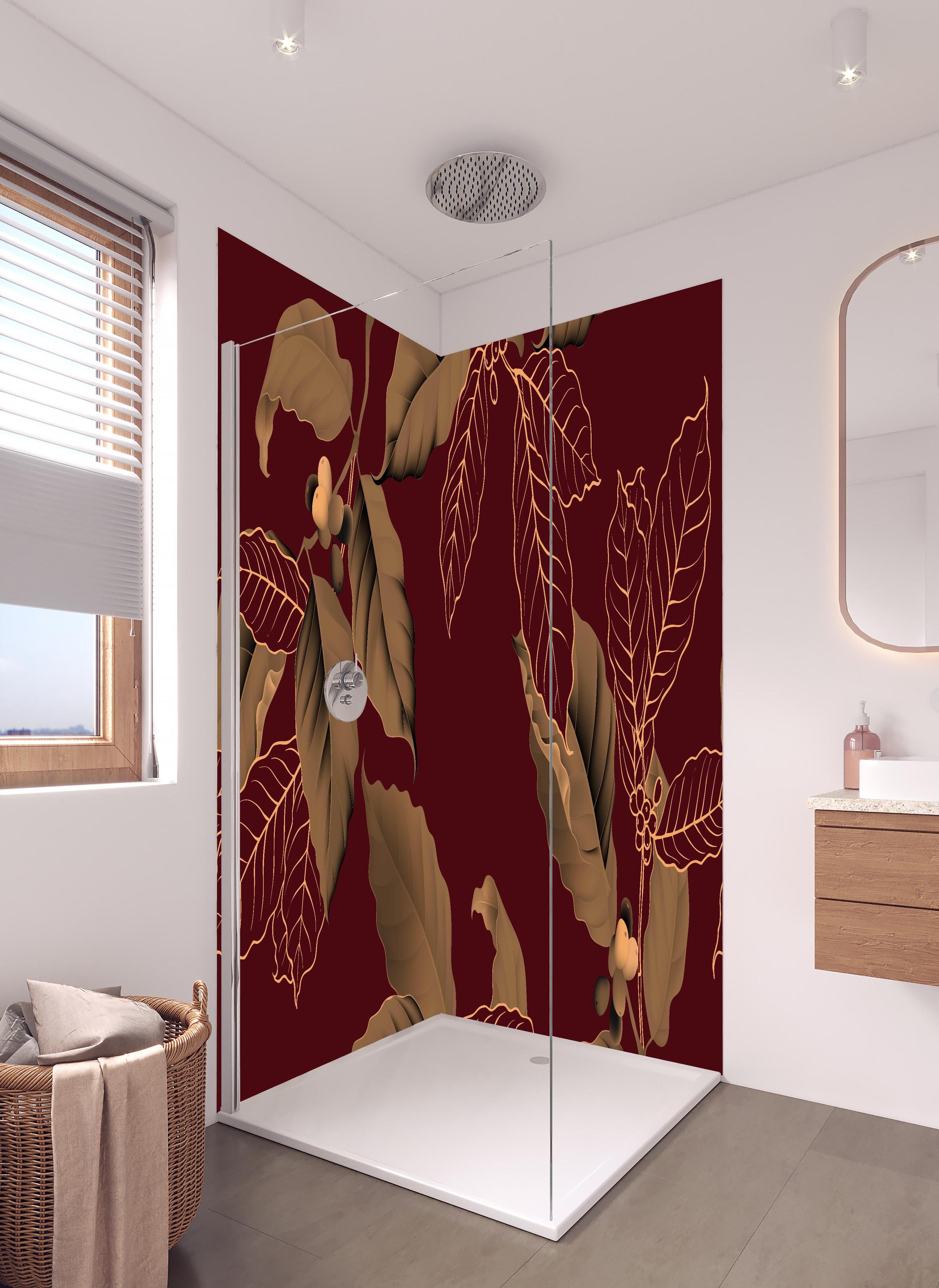 Duschrückwand - Exquisites Herbstlaub Rot und Gold Design in hellem Badezimmer mit Regenduschkopf  - zweiteilige Eck-Duschrückwand