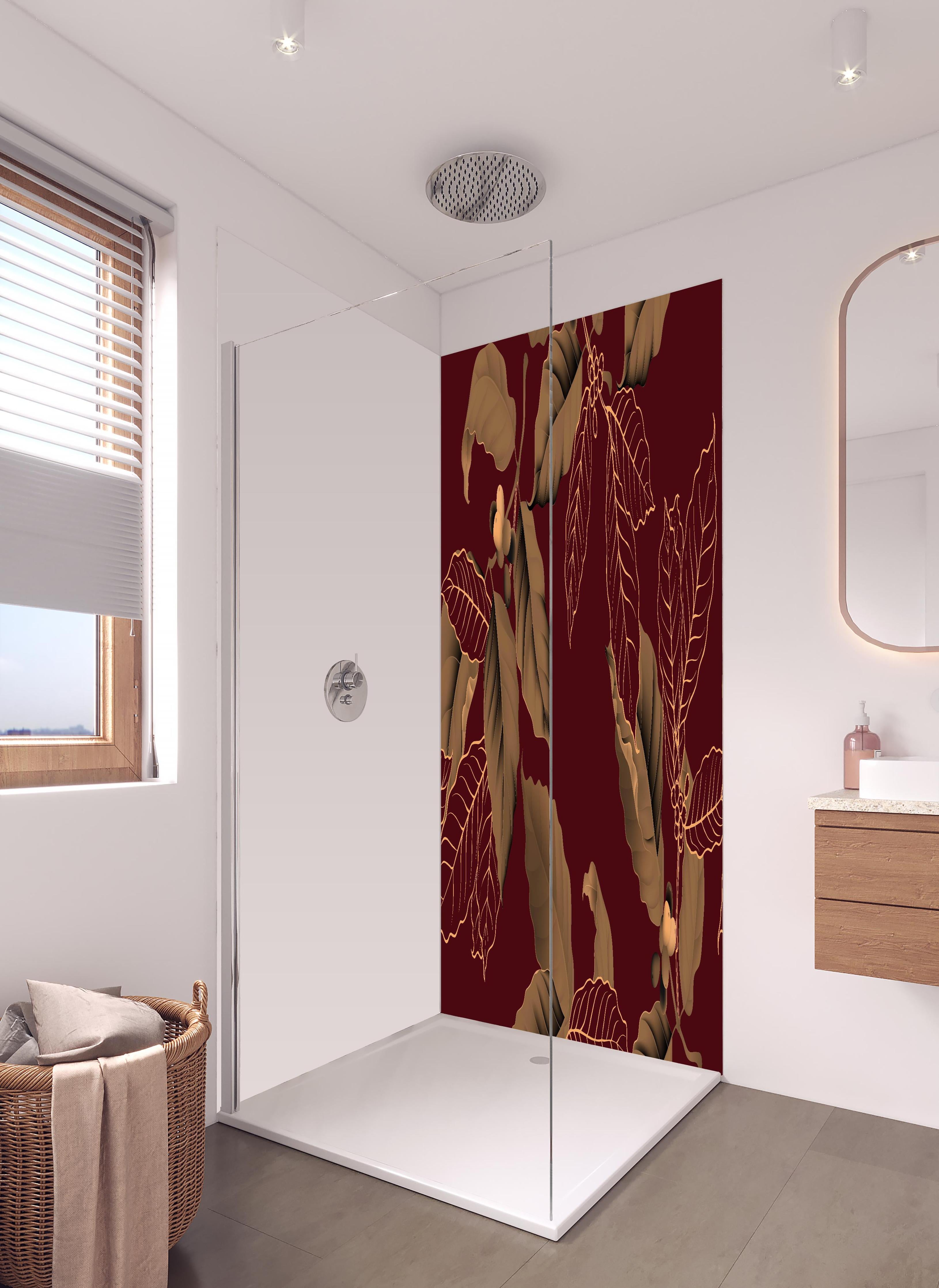 Duschrückwand - Exquisites Herbstlaub Rot und Gold Design in hellem Badezimmer mit Regenduschkopf  - zweiteilige Eck-Duschrückwand