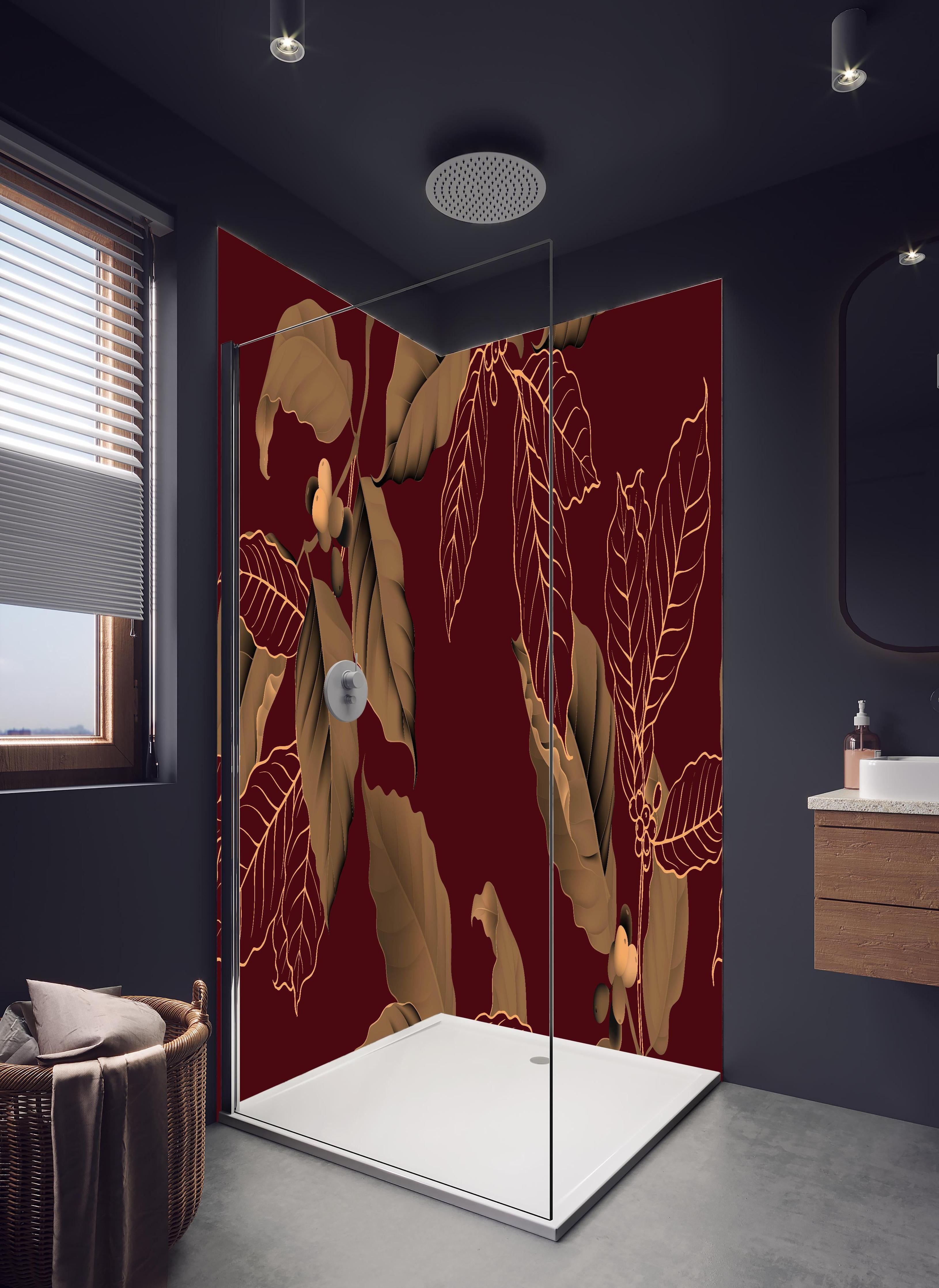 Duschrückwand - Exquisites Herbstlaub Rot und Gold Design in hellem Badezimmer mit Regenduschkopf  - zweiteilige Eck-Duschrückwand