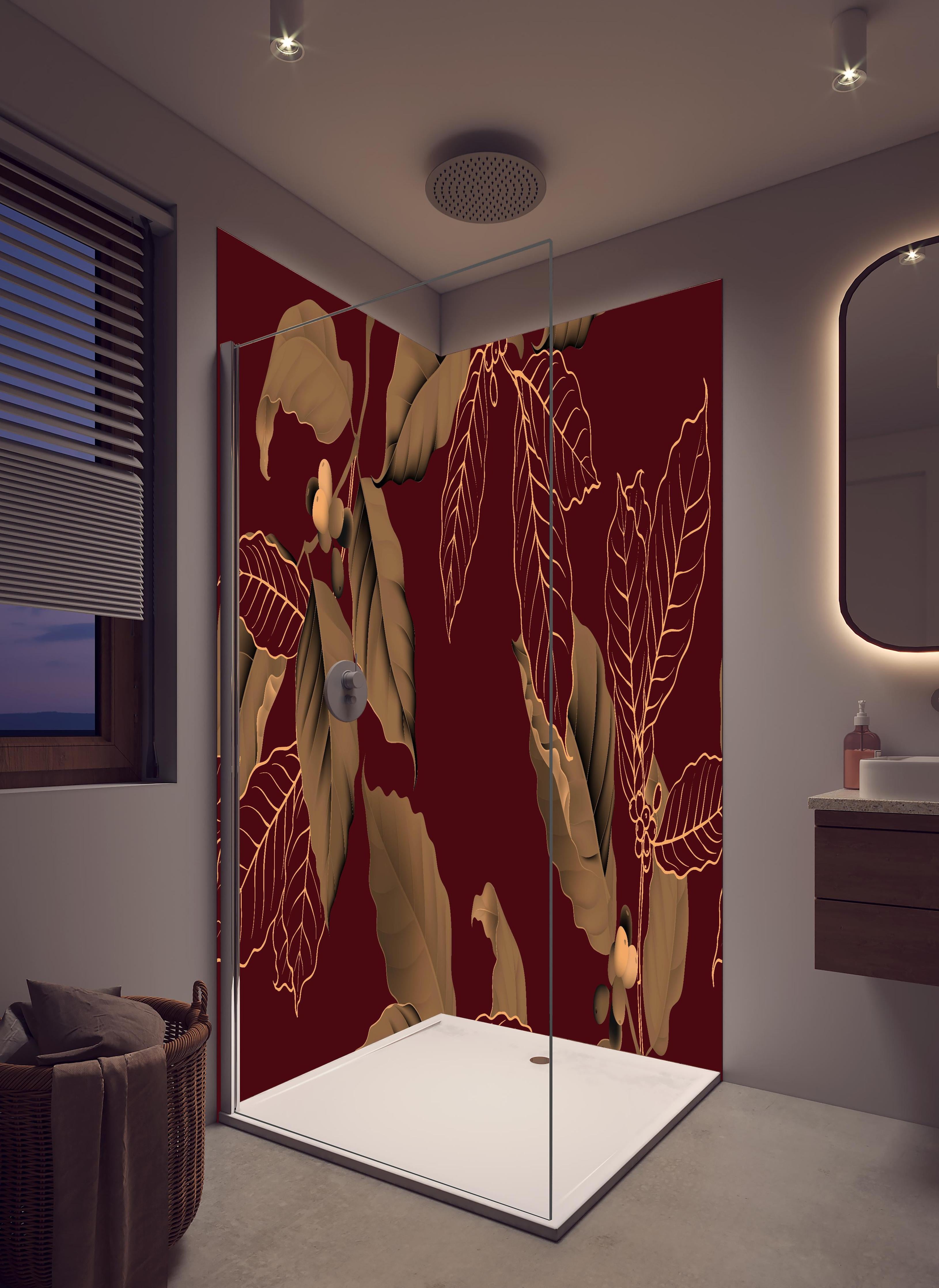 Duschrückwand - Exquisites Herbstlaub Rot und Gold Design in hellem Badezimmer mit Regenduschkopf  - zweiteilige Eck-Duschrückwand