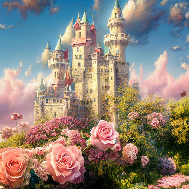 Duschrückwand - Fantasy Garten Schloss mit vielen Blumen