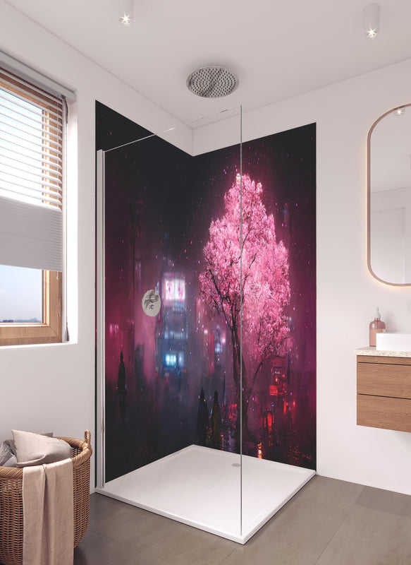 Duschrückwand - Fantasy Nacht - Japan in hellem Badezimmer mit Regenduschkopf  - zweiteilige Eck-Duschrückwand