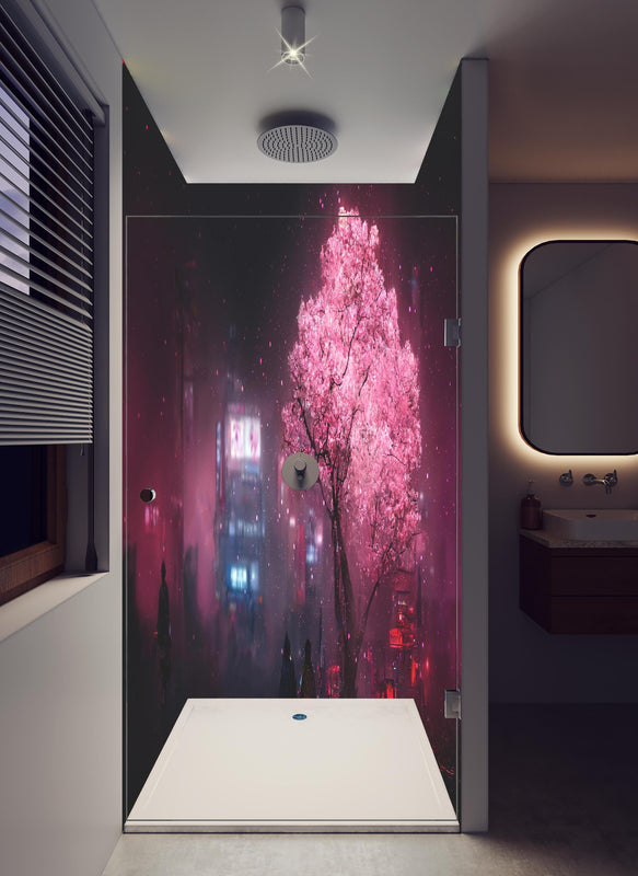 Duschrückwand - Fantasy Nacht - Japan in hellem Badezimmer mit Regenduschkopf  - zweiteilige Eck-Duschrückwand