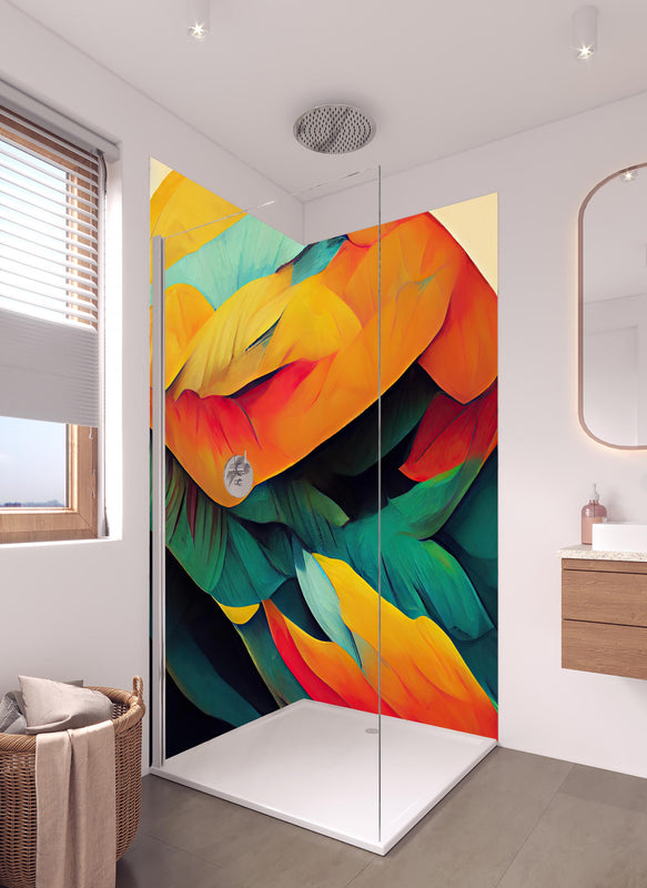 Duschrückwand - Farbenfrohe Neon Federstruktur Abstrakt in hellem Badezimmer mit Regenduschkopf  - zweiteilige Eck-Duschrückwand