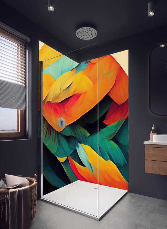 Duschrückwand - Farbenfrohe Neon Federstruktur Abstrakt in hellem Badezimmer mit Regenduschkopf  - zweiteilige Eck-Duschrückwand