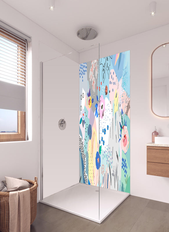 Duschrückwand - Farbenfrohes Blumenmuster in Abstrakter Kunst in hellem Badezimmer mit Regenduschkopf  - zweiteilige Eck-Duschrückwand