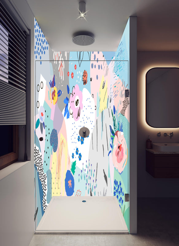 Duschrückwand - Farbenfrohes Blumenmuster in Abstrakter Kunst in hellem Badezimmer mit Regenduschkopf  - zweiteilige Eck-Duschrückwand
