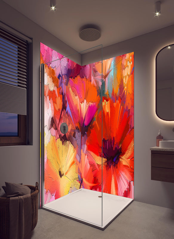Duschrückwand - Farbenfrohes Gemälde von Frühlingsblumen in hellem Badezimmer mit Regenduschkopf  - zweiteilige Eck-Duschrückwand