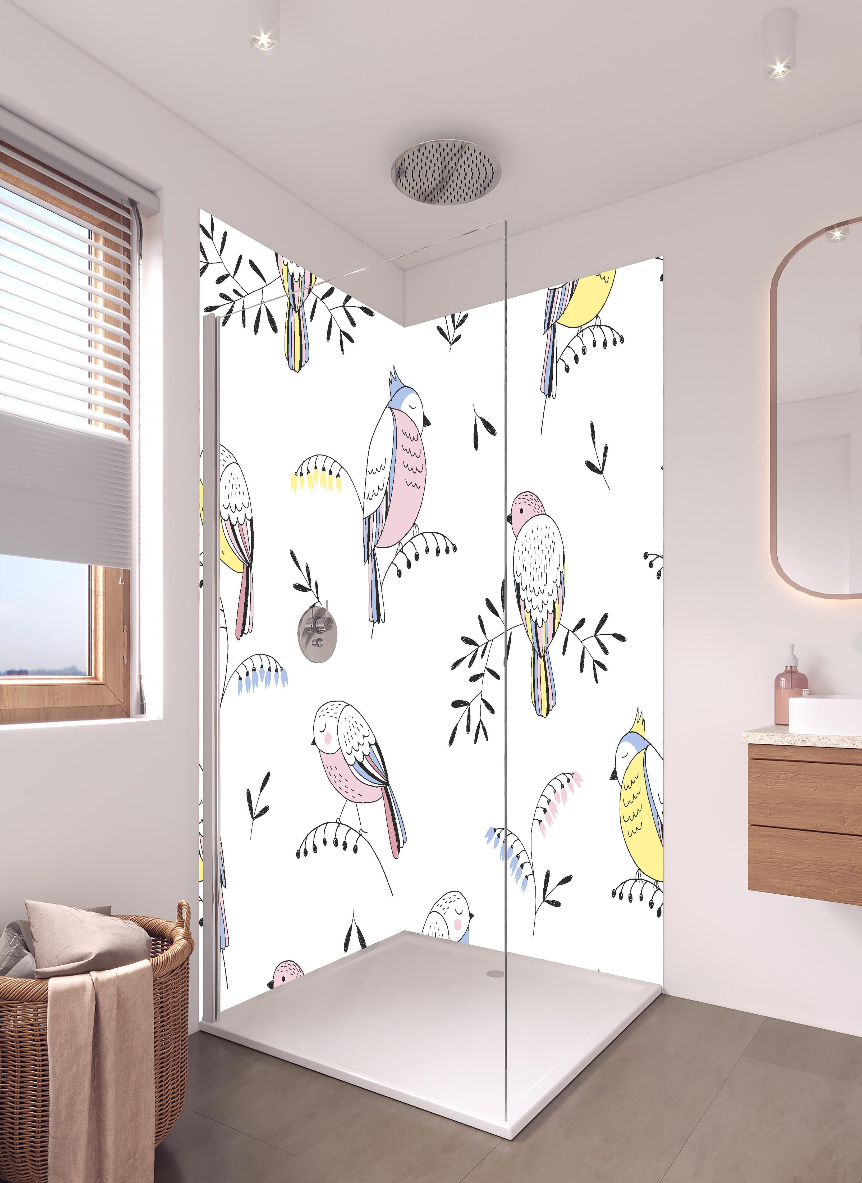 Duschrückwand - Farbenfrohes Vogel Muster Design Tapete in hellem Badezimmer mit Regenduschkopf  - zweiteilige Eck-Duschrückwand