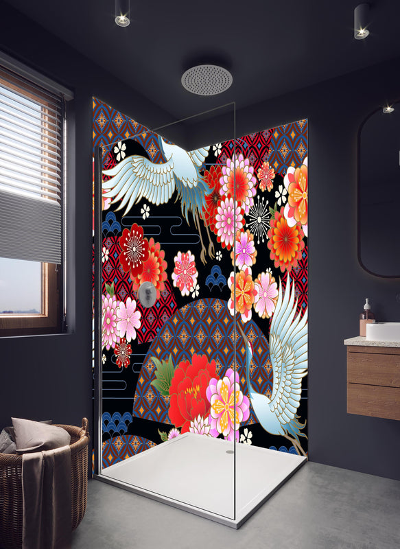 Duschrückwand - Farbenprächtige Japanische Muster mit Kranichen in hellem Badezimmer mit Regenduschkopf  - zweiteilige Eck-Duschrückwand