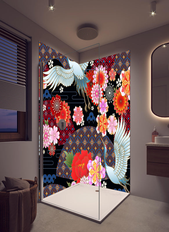 Duschrückwand - Farbenprächtige Japanische Muster mit Kranichen in hellem Badezimmer mit Regenduschkopf  - zweiteilige Eck-Duschrückwand