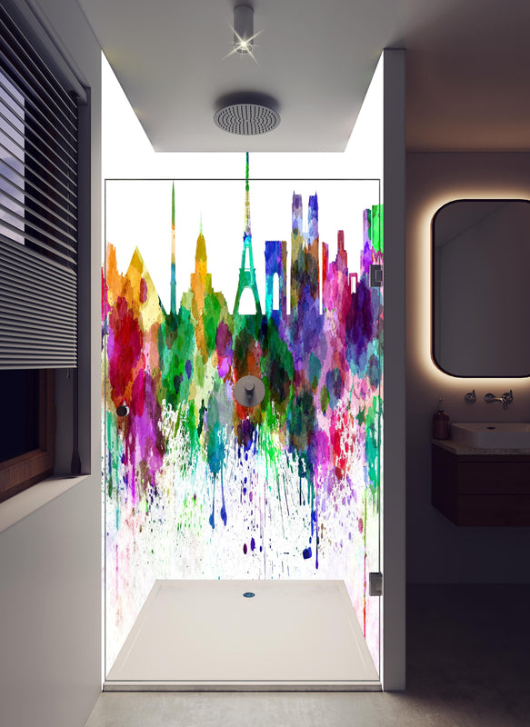 Duschrückwand - Farbenprächtige Paris Skyline Aquarellkunst in hellem Badezimmer mit Regenduschkopf  - zweiteilige Eck-Duschrückwand