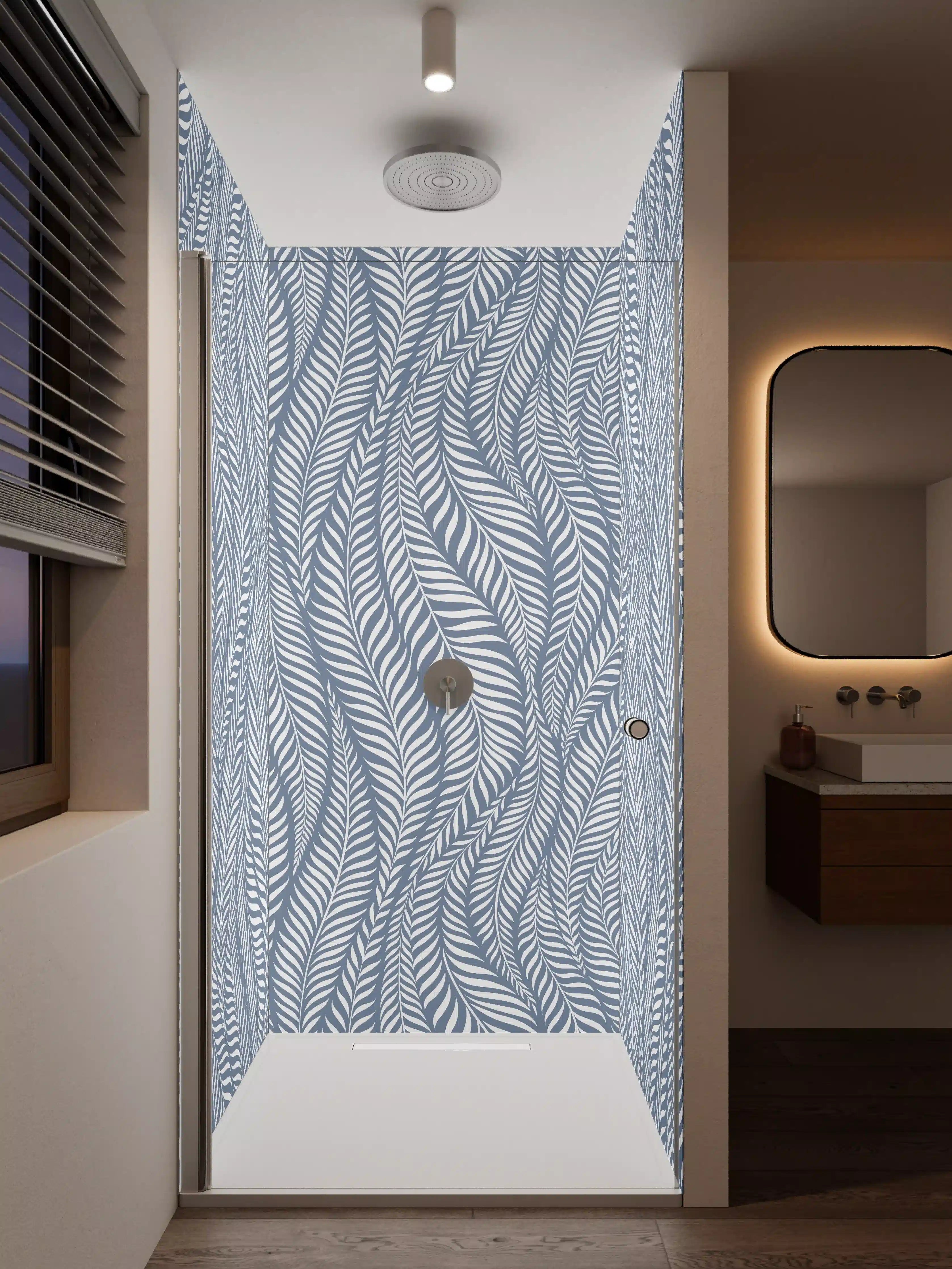 Duschrückwand - Feine blaue Linienmuster mit Wellen-Design