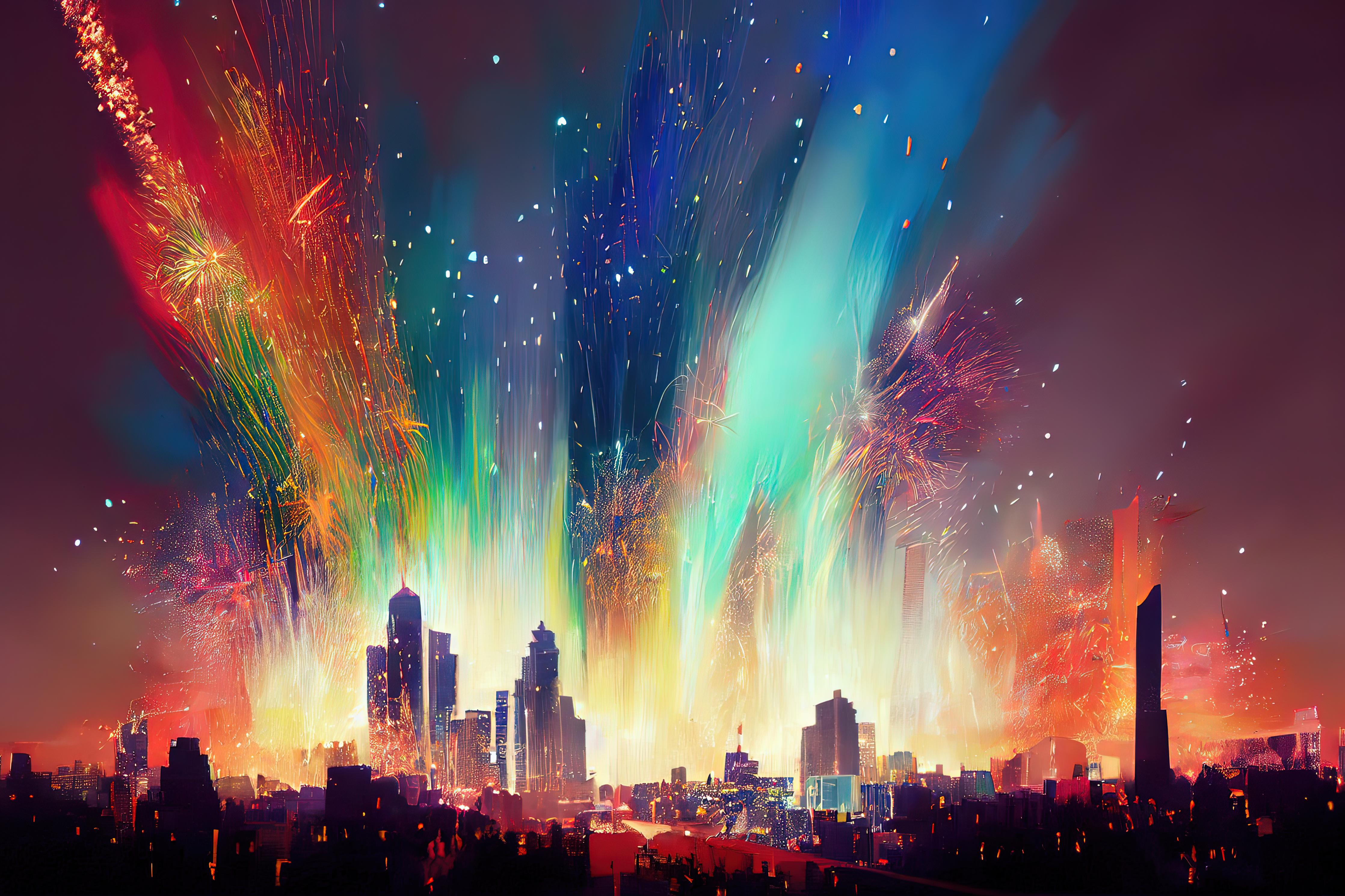 Duschrückwand-Feuerwerk über Stadt bei Nacht - Illustration