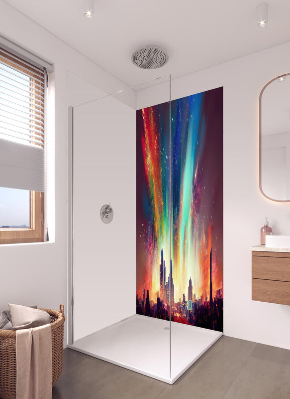 Duschrückwand - Feuerwerk über Stadt bei Nacht - Illustration in hellem Badezimmer mit Regenduschkopf  - zweiteilige Eck-Duschrückwand