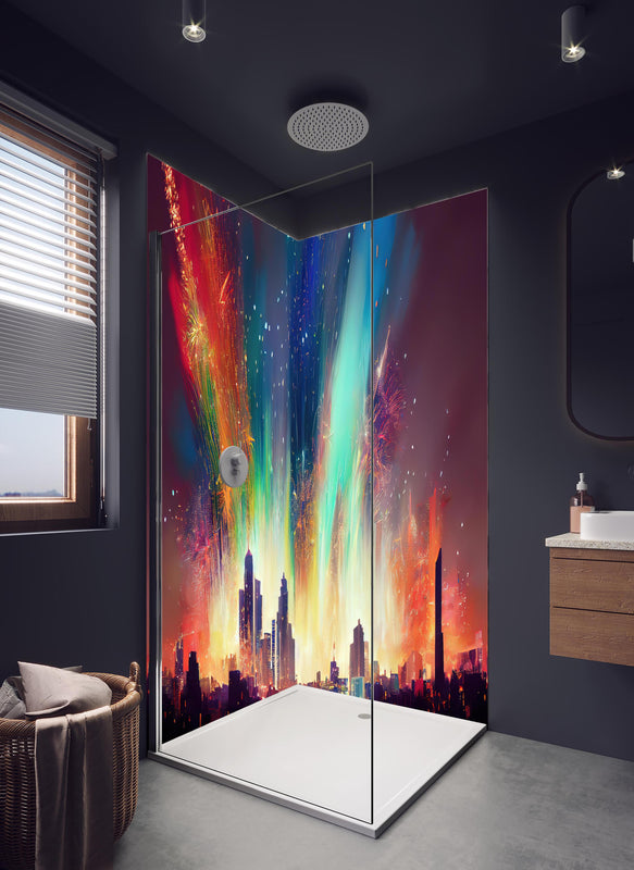 Duschrückwand - Feuerwerk über Stadt bei Nacht - Illustration in hellem Badezimmer mit Regenduschkopf  - zweiteilige Eck-Duschrückwand