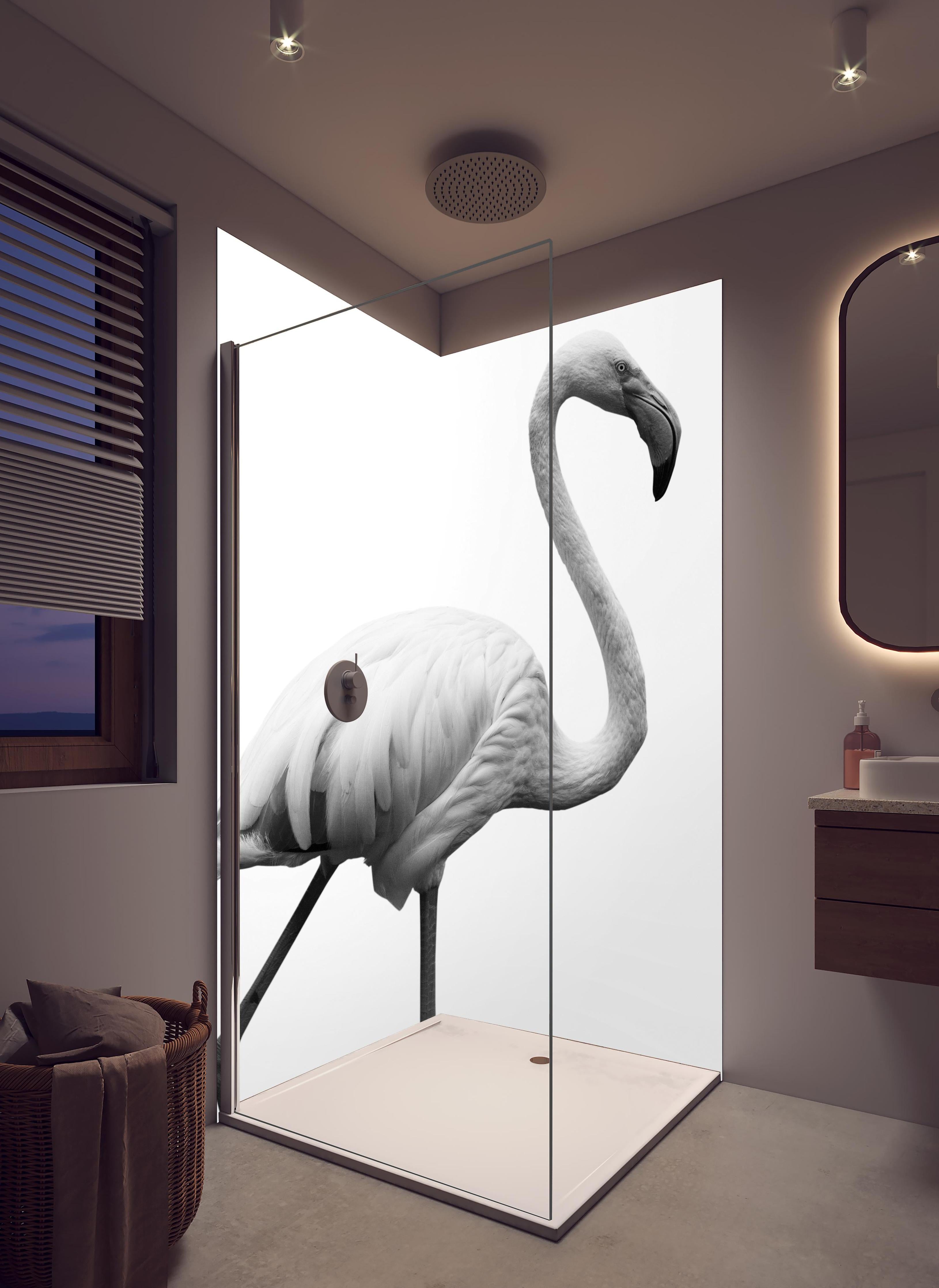 Duschrückwand - Flamingo - schwarz-weiß in hellem Badezimmer mit Regenduschkopf  - zweiteilige Eck-Duschrückwand