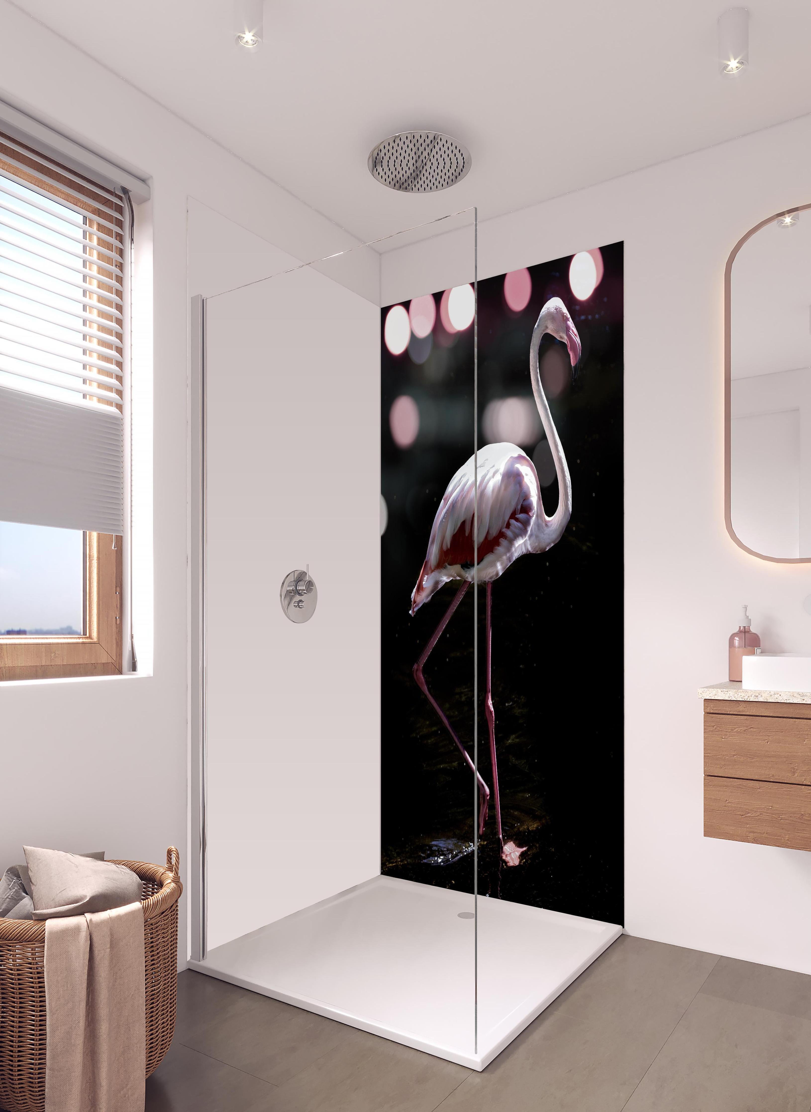 Duschrückwand - Flamingo  in hellem Badezimmer mit Regenduschkopf  - zweiteilige Eck-Duschrückwand