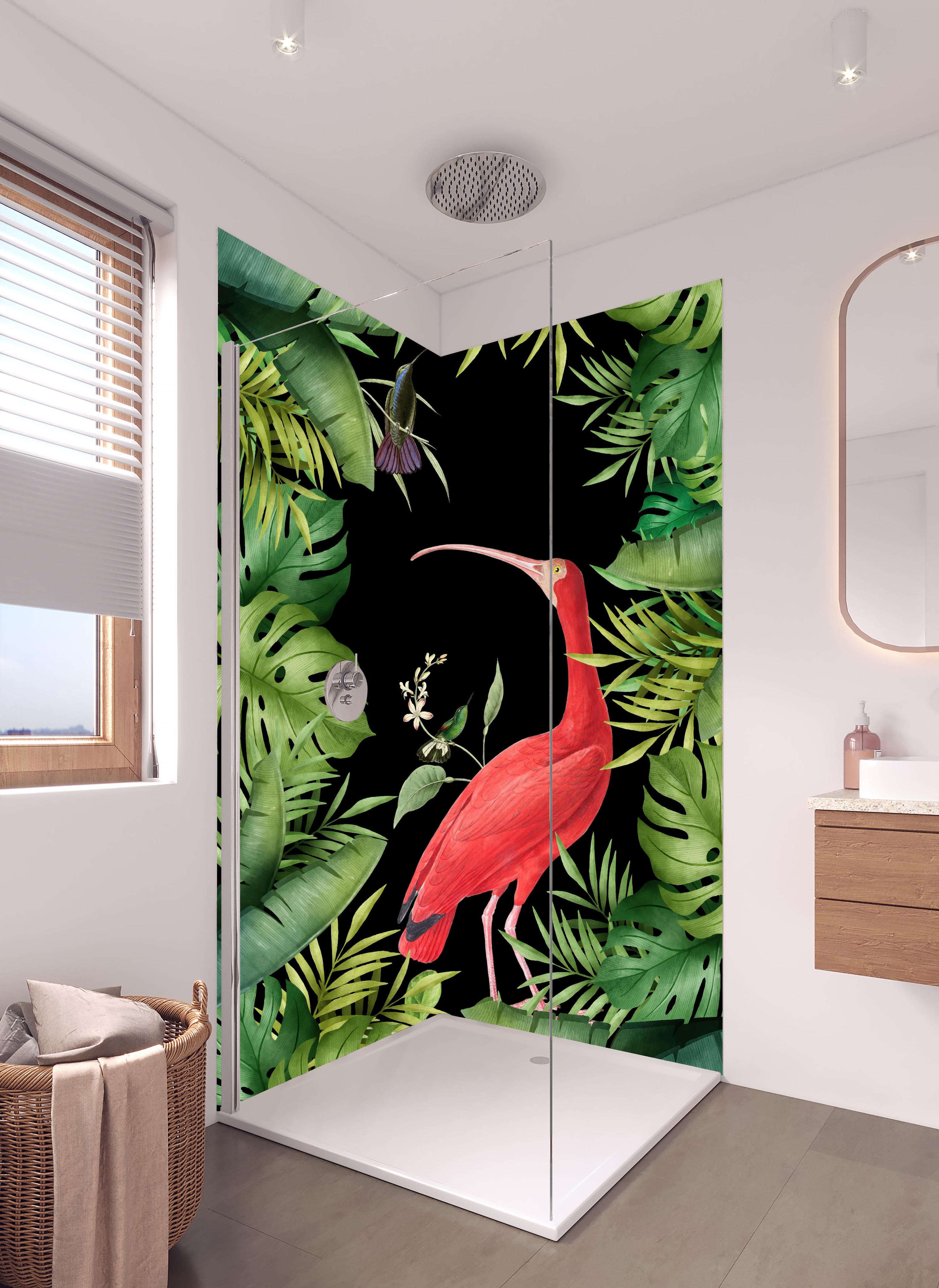 Duschrückwand - Flamingo im Pflanzenrahmen in hellem Badezimmer mit Regenduschkopf  - zweiteilige Eck-Duschrückwand