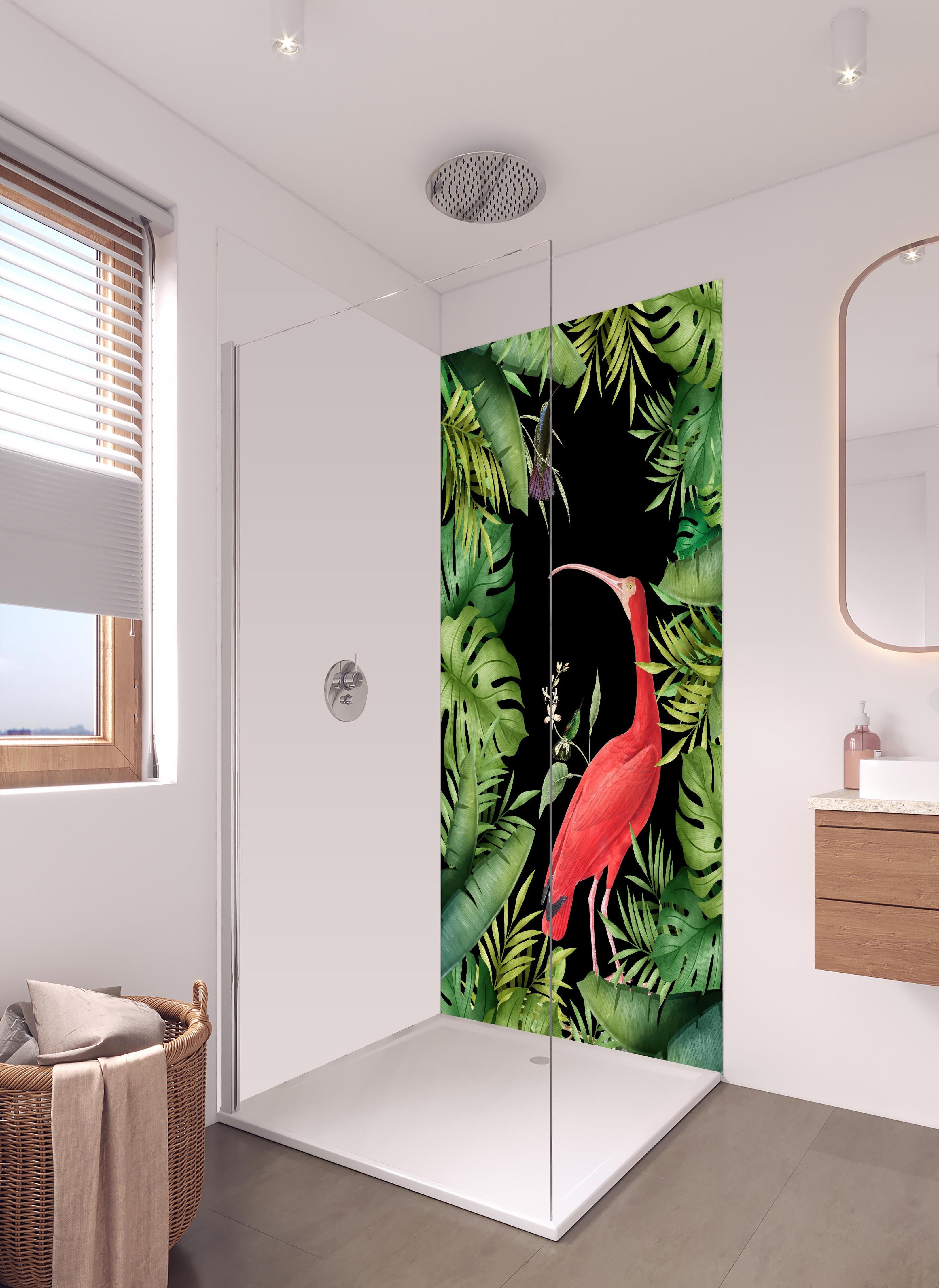 Duschrückwand - Flamingo im Pflanzenrahmen in hellem Badezimmer mit Regenduschkopf  - zweiteilige Eck-Duschrückwand